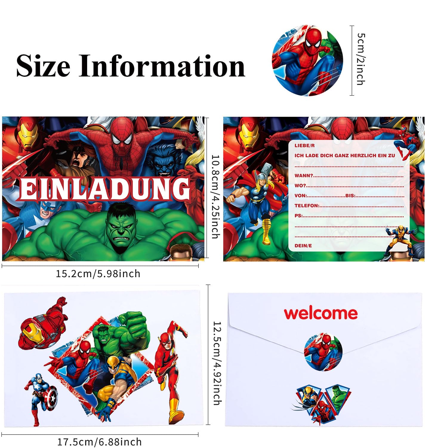 Set 12 Biglietti D'Invito Per Compleanno Bambini Con Buste E Adesivi: Tema Cartoon, In Tedesco, Realizzati In Carta Di Qualità - 2