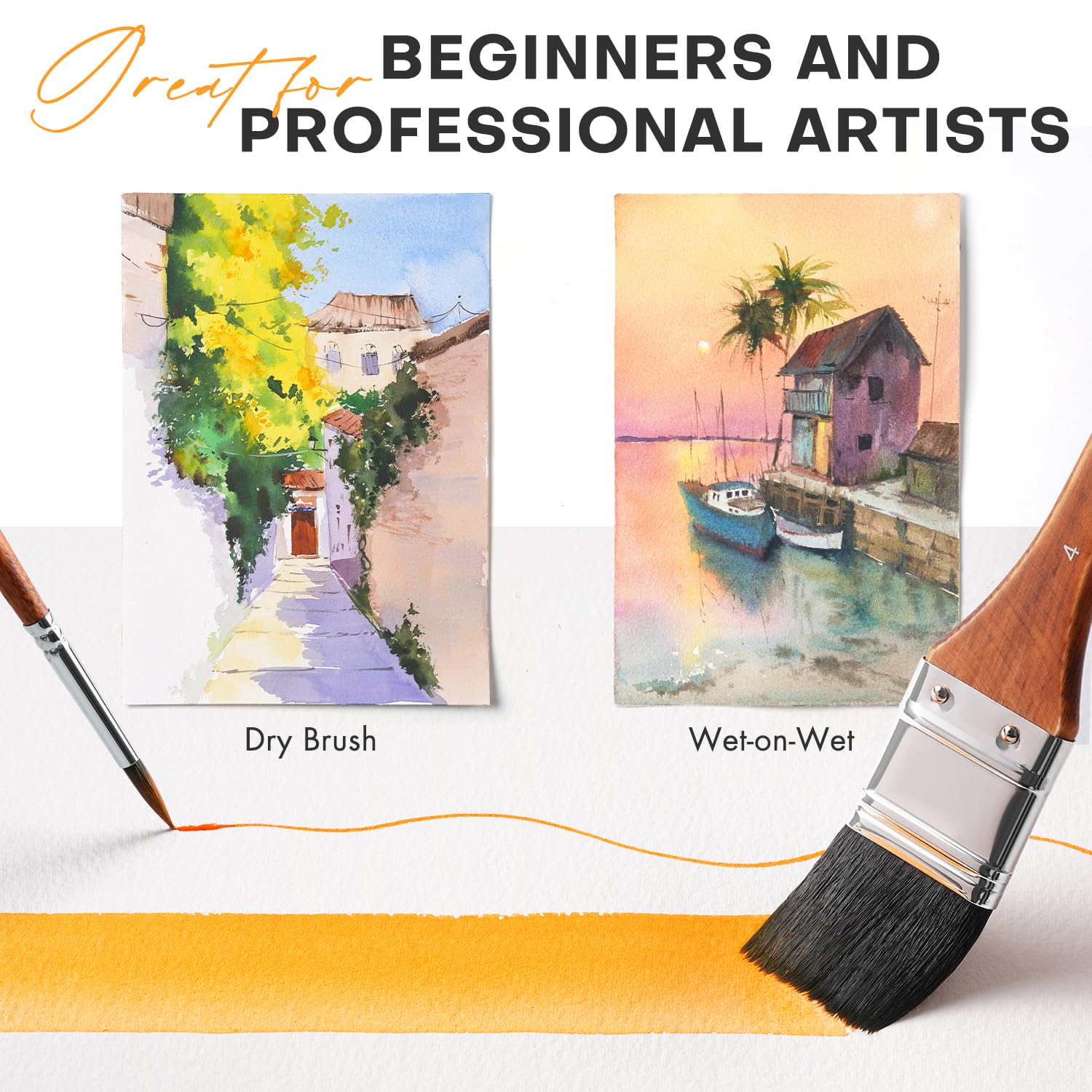 Fuumuui Lot de 10 pinceaux d'aquarelle professionnels en poils d'écureuil synthétiques pour artistes avec large plat, rond, détails, poignard, langue de chat pour aquarelle, gouache