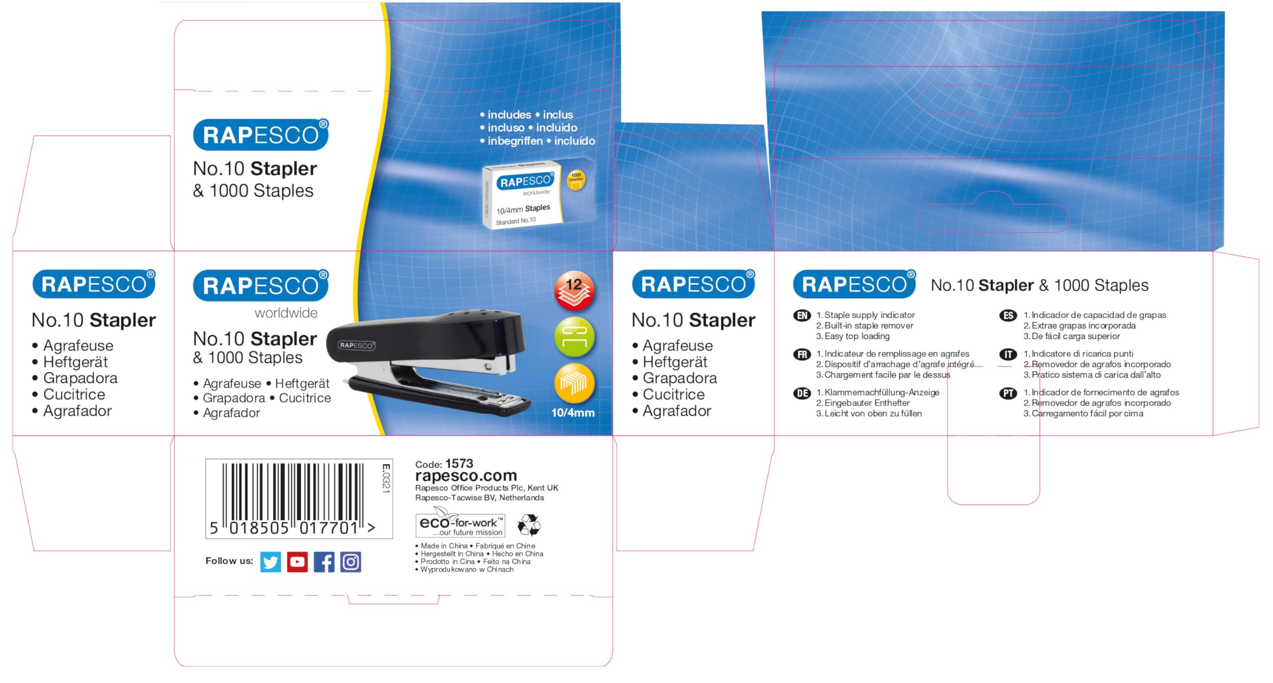 Agrafeuse Mini Rapesco No. 10 - Capacité 12 Feuilles, Noire, Avec Arrache-Agrafe Intégré