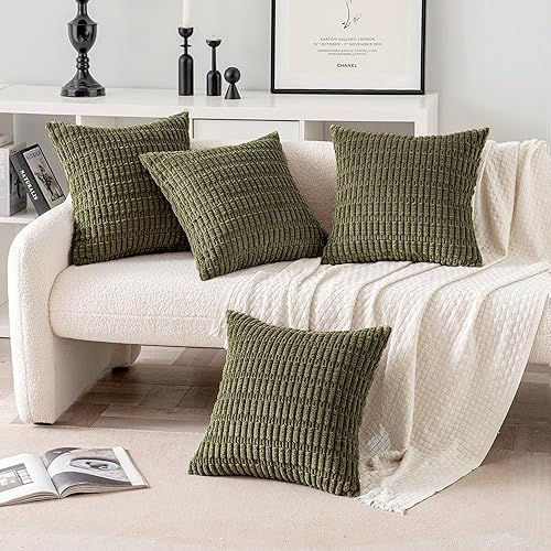 Miniatura 5 de MIULEE Paquete de 4 fundas de almohada decorativas de pana verde oliva de 18 x 18 pulgadas, fundas de almohada suaves de rayas bohemias modernas,