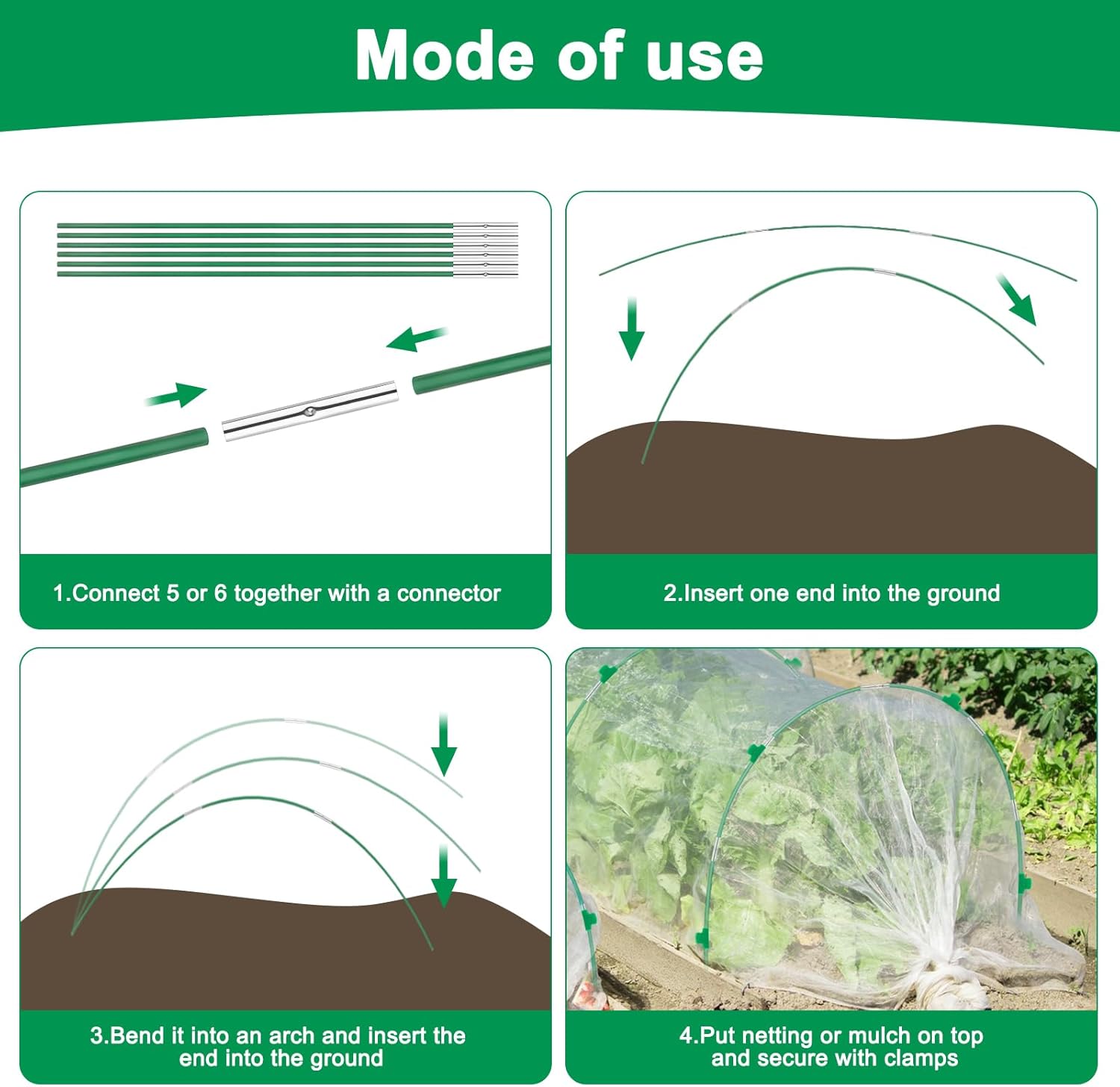 Greenhouse Hoops Grow Tunnel, 10 Sets of 8FT Long Garden Hoops for Raised Beds, Rust-Free Fiberglass Support Hoops Frame for Garden Netting, DIY Plant Support Garden Stakes for Row Cover, 60 Pcs