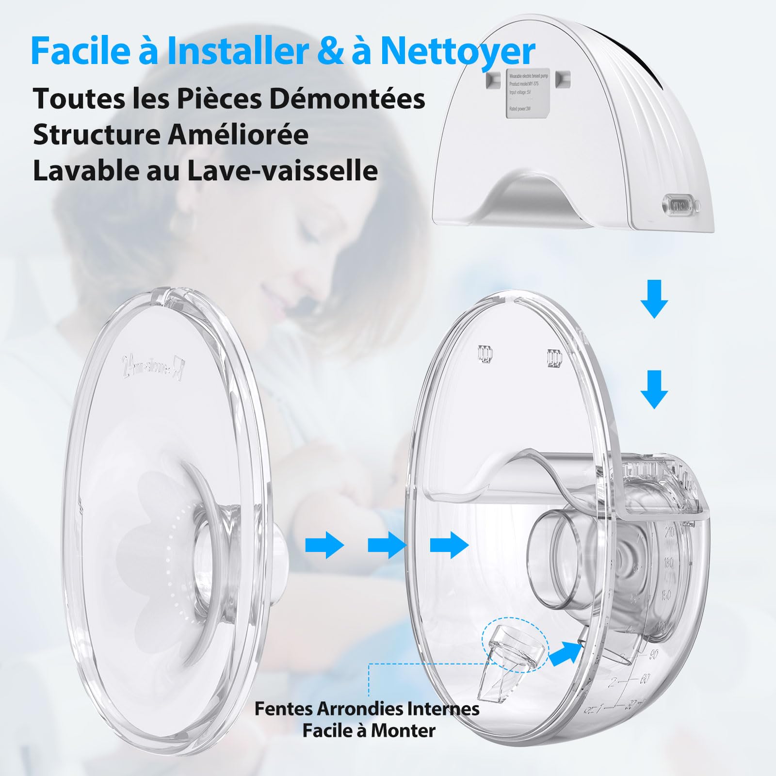 eSynic 2PCS Tire lait Électrique Main Libre 4 Modes 12 Niveaux Tire-lait Portable 210ml avec Bride 24/21/19mm Tire Lait Rechargeable sans Fil Silencieux Anti-fuite - Blanc