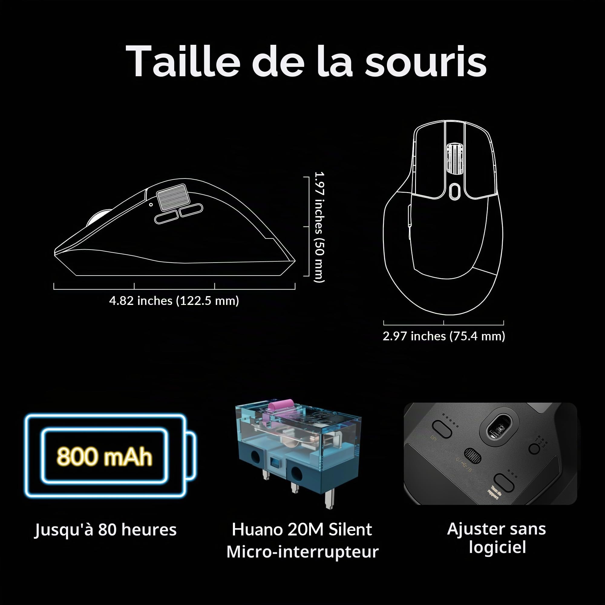 Keychron Souris Gaming M6 Silencieuse Sans Fil, 1000Hz Polling, Bluetooth 5.1/2.4GHz/Filaire, PixArt 3395 Capteur Optique Jusqu'à 26000 DPI, Légère 78g, Programmable, pour Windows/Mac/Linux - Noir