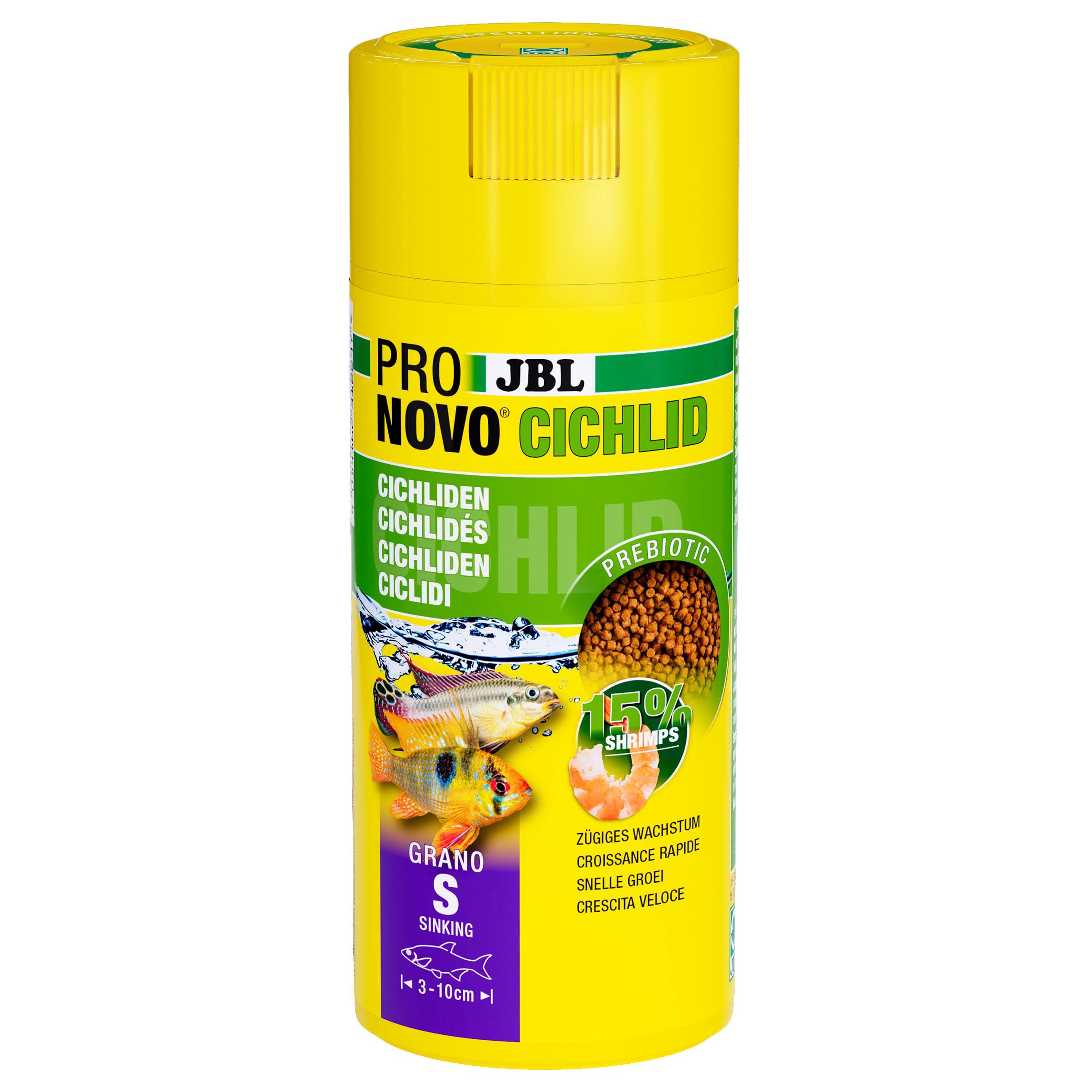 JBL PRONOVO Cichlid Grano, alimento Principal para cíclidos pequeños de 3 – 10 cm, dosificador Clic, gránulos para piensos para Peces, Talla S, 250 ml
