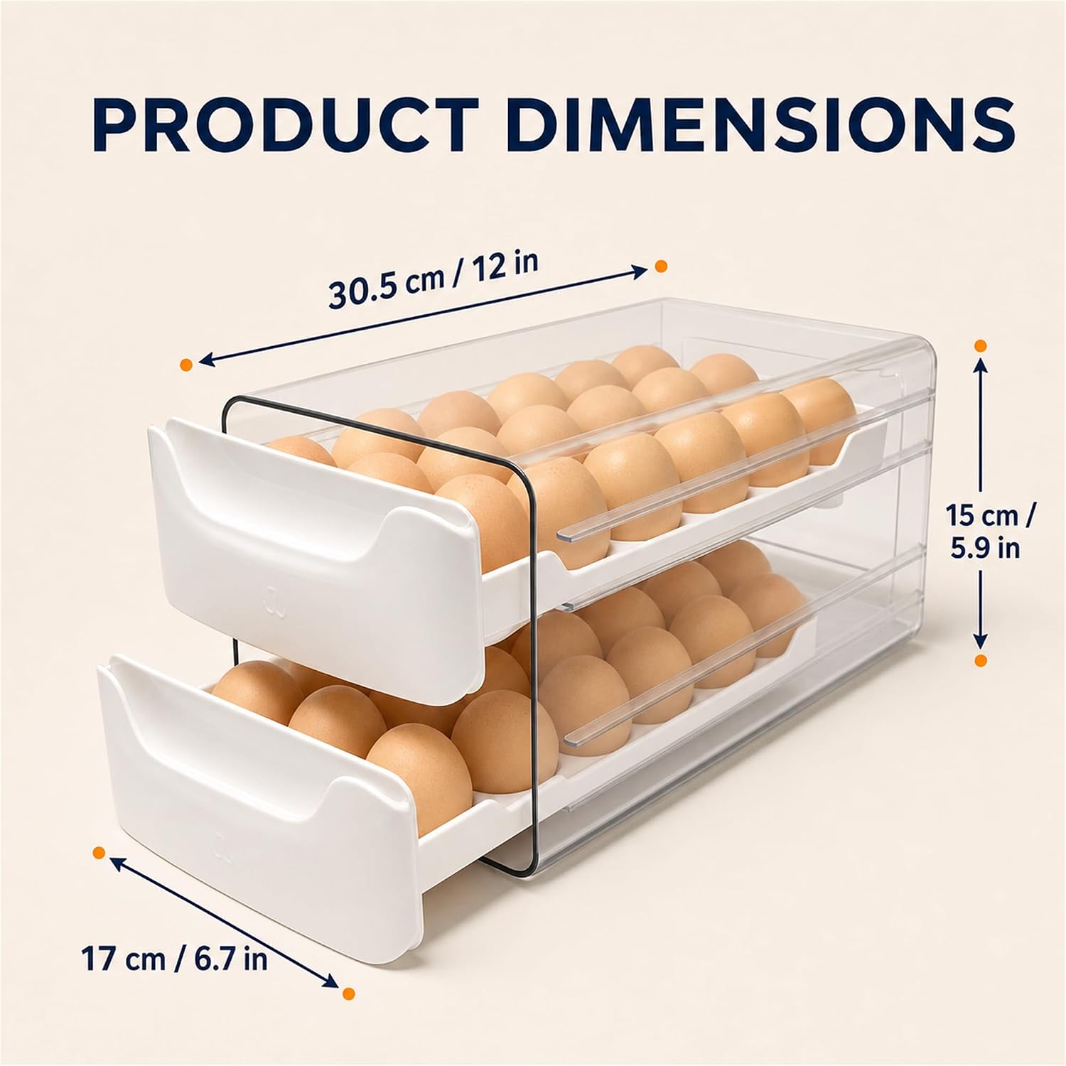 Egg Organizer for Refrigerator, 36-Count Double-Layer Storage Container with 2 Pull-Out Drawers and Date Labels, Clear PET Egg Holder for Fridge, White