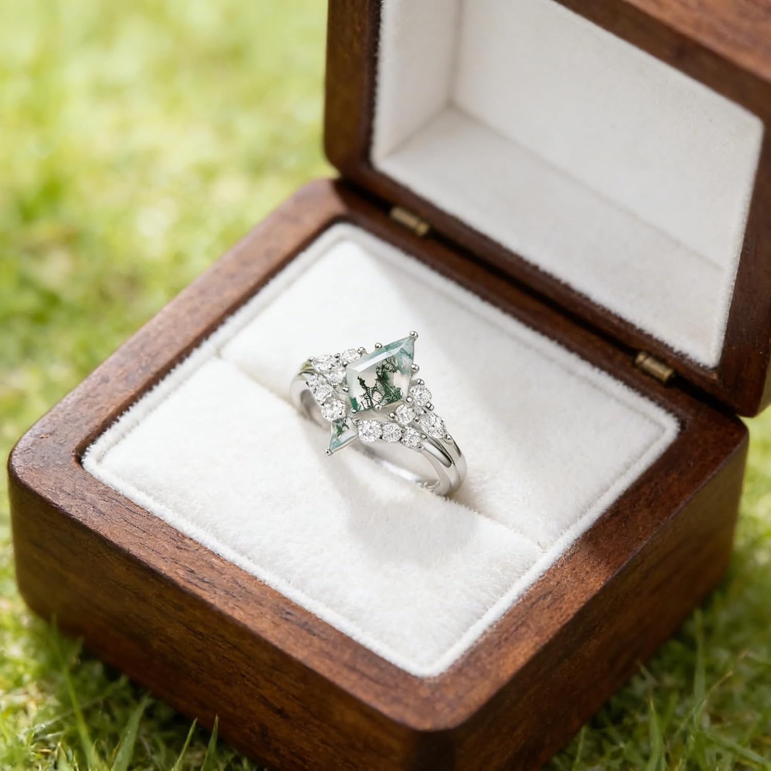 Natural Moss Agate Engagement Ring for Women 925 Sterling Silver Bridal Ring Set Kite Cut Moss Agate Wedding Ring Set Promise Rings Set for Her - Image 4