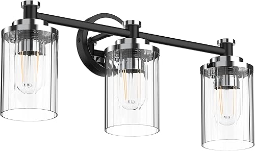 Accesorios de iluminación de baño, lámpara de tocador de baño negra y cromada con rayas cilíndricas transparentes, pantalla de vidrio con base de