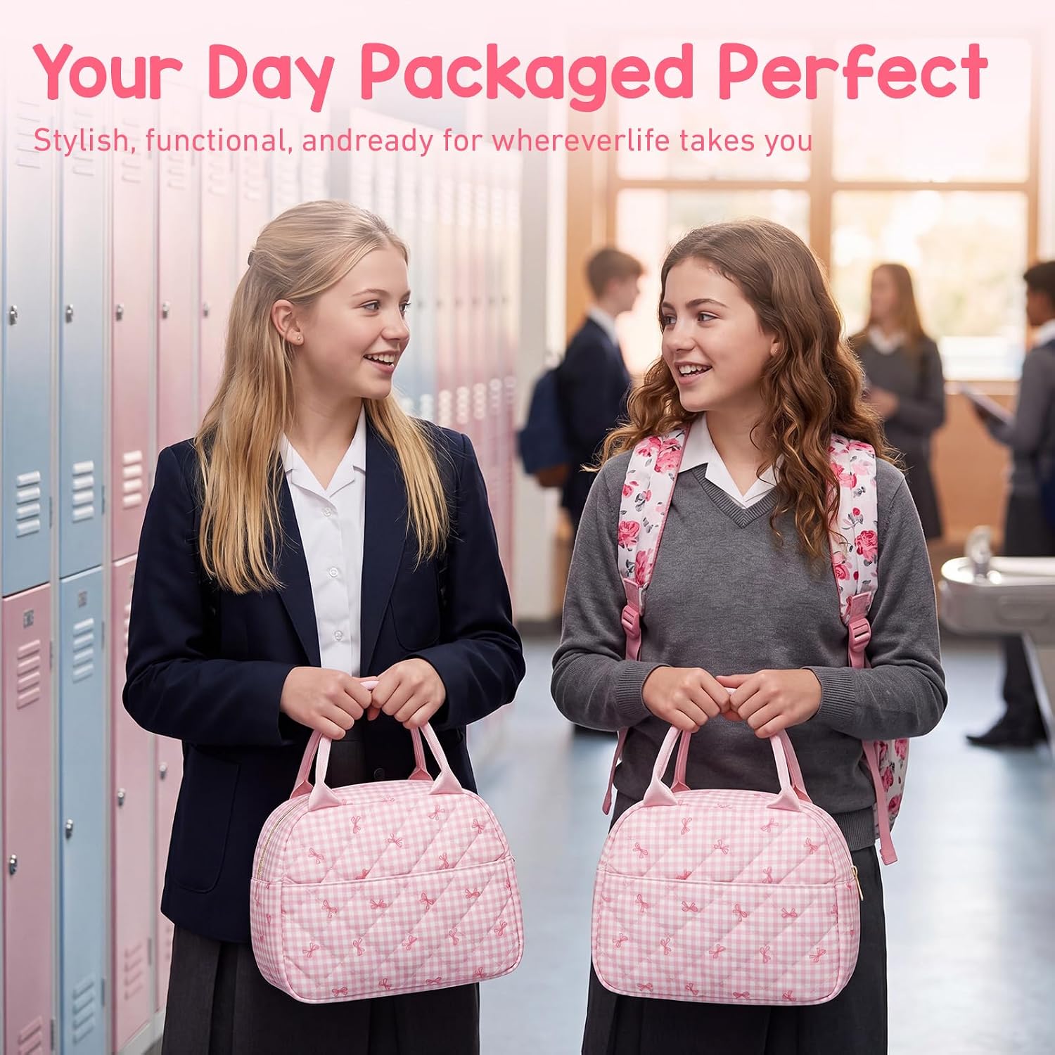 Insulated Quilted Fabric Lunch Bag for Women Man Adult Lightweight Pink Bow Food Box Leakproof Cooler Food Containers Reusable Large Capacity Water Resistant Lunch Bag for Work Picnic or Travel