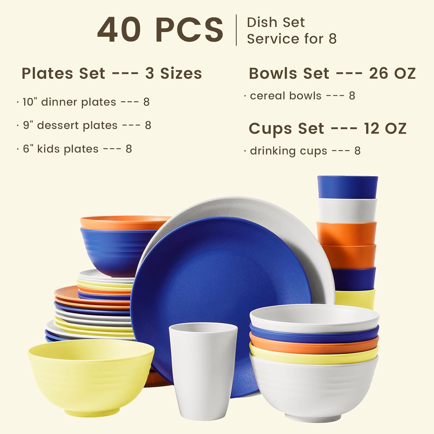 Homienly 40-Piece Wheat Straw Dinnerware Sets, Unbreakable Reusable Dinnerware Set, Service for 8, Kitchen Cups Plates and Bowls Set, Dishwasher Microwave Safe Dishes Set for Camping, Party - Mondrian - Image 2