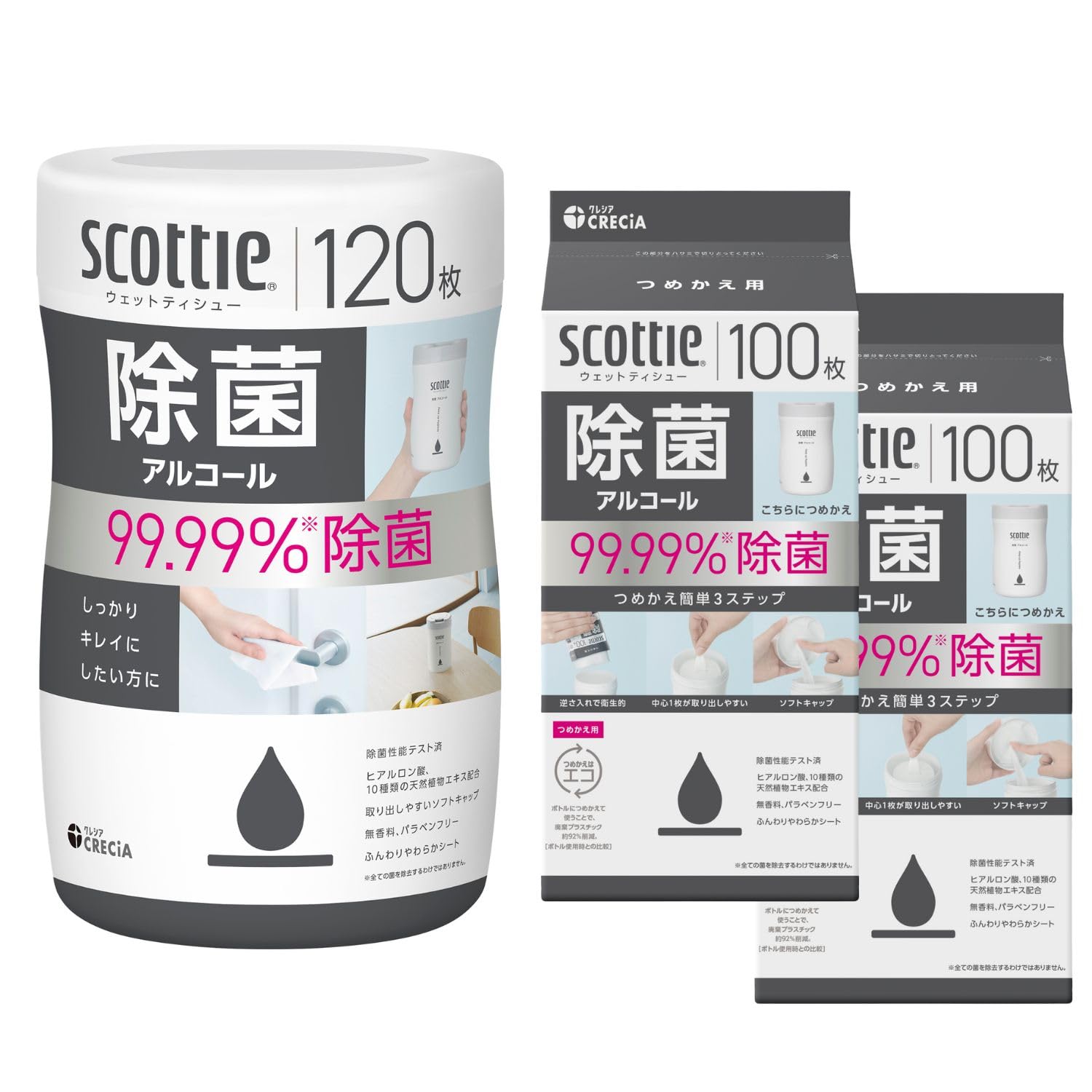 ウェットティッシュ アルコール 除菌 本体120枚+詰替100枚2個 スコッティ'(セット品)