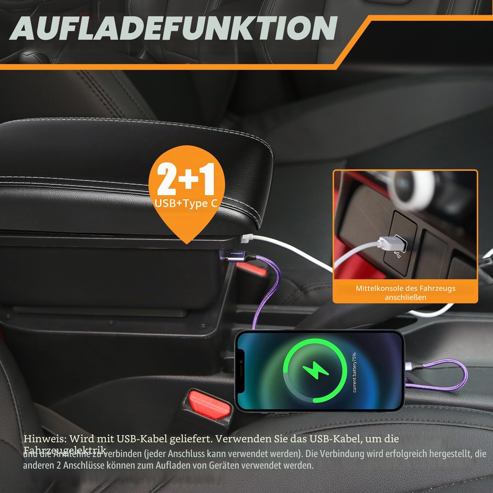 Autozubehor Armlehne für Fiat 500（2012-2017）Armlehnen Zweilagige Armauflage Schwarzes Leder mit weißen Linien