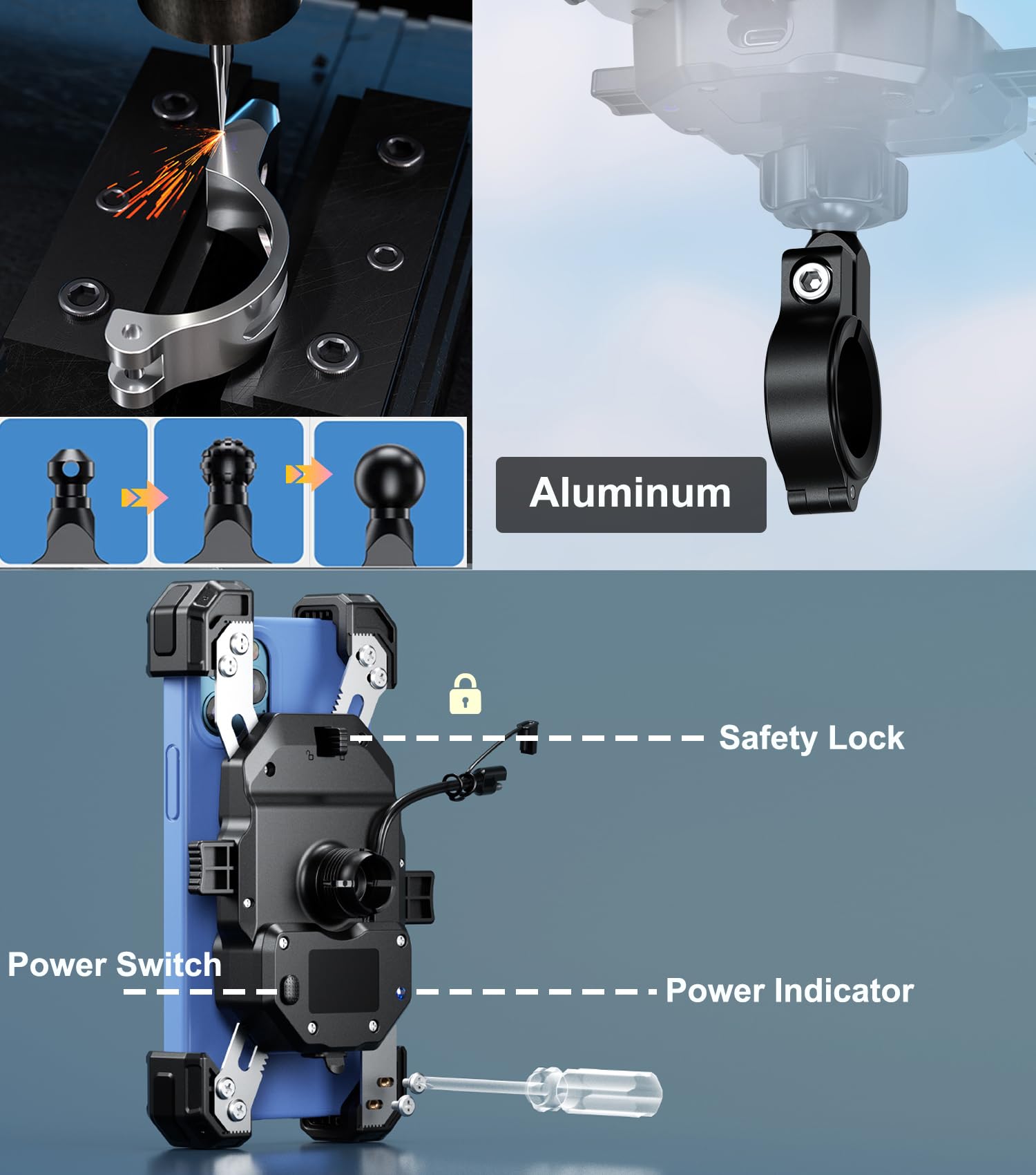 iMESTOU Supporto per Telefono con Caricatore USB C Wireless per Moto, con Anello SAE-O Rimovibile, Adatto per Telefoni da 5,5 a 7,25 Pollici con Spessore Fino a 15 mm, Larghezza < 93 mm