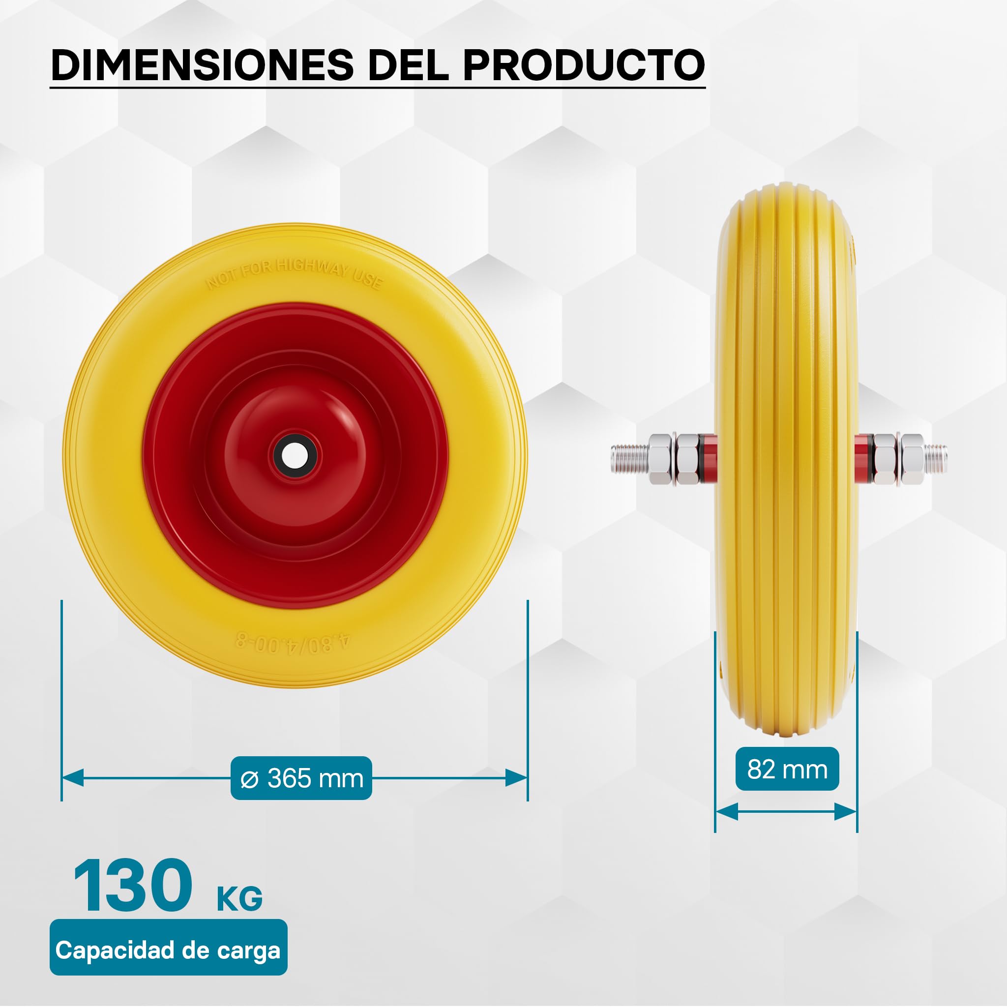 Wiltec Rueda para carretilla PU maciza antipinchazos 3.50-8 con eje enchufable 130 kg