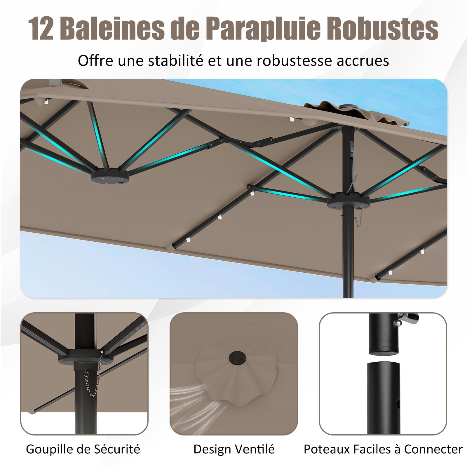 GOPLUS Grand Parasol de Jardin Exterieur avec Pied, 4M Parasol Rectangulaire Double Face pour 6 Personnes avec LED, Manivelle et Ventilation, pour Marché, Piscine, Terrasse, Balcon (Café)