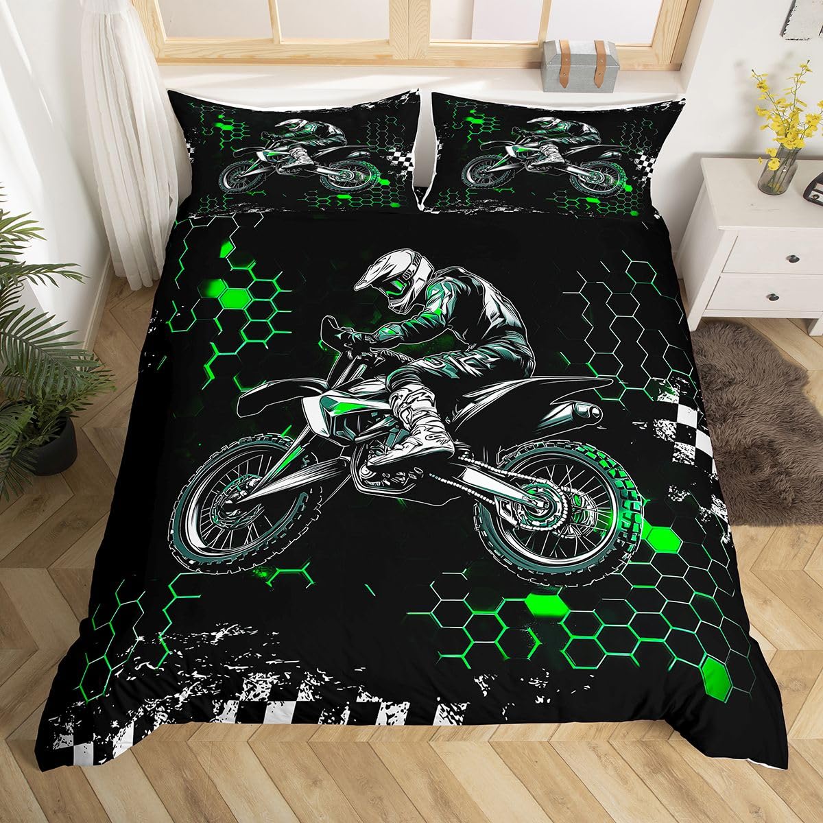 Housse de couette motif motocross ombré vert nid d'abeille pour parure de lit simple enfant