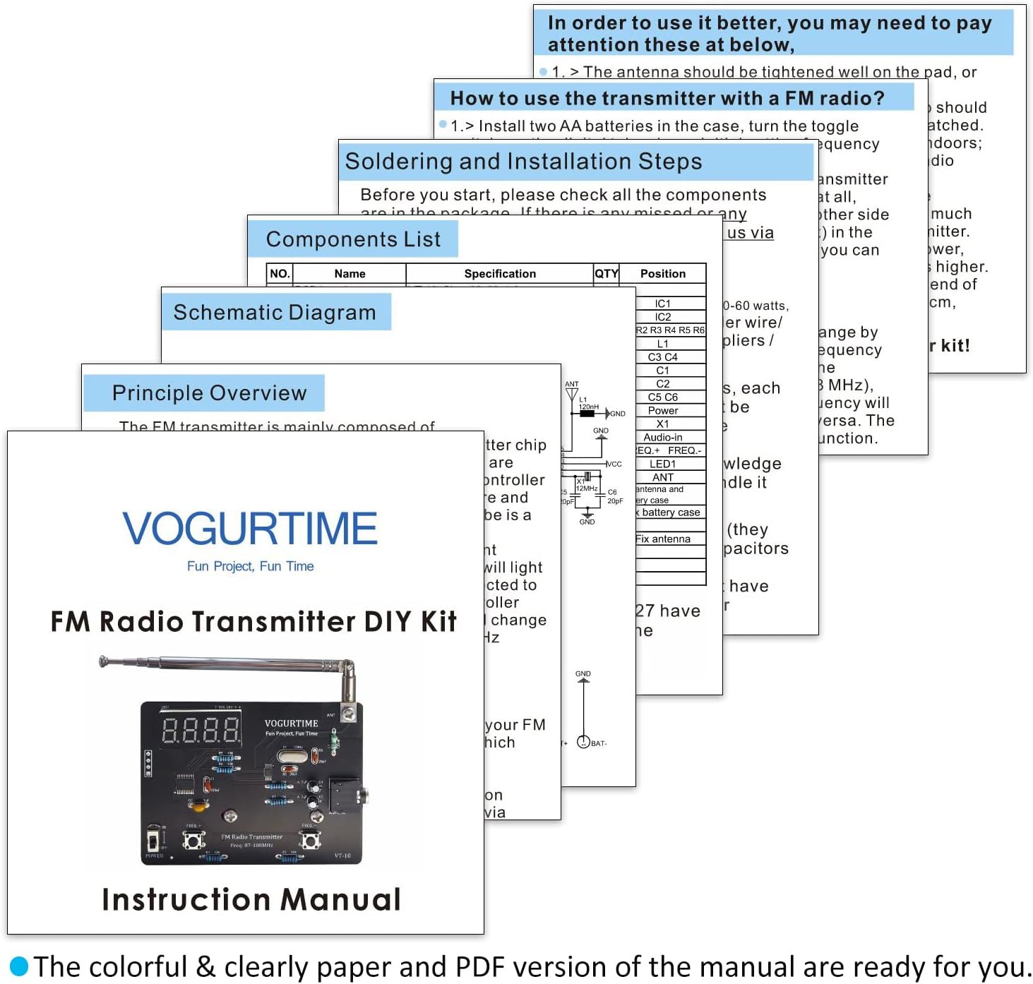 A page from the instruction manual showing soldering and installation steps, including a components list and schematic diagram.