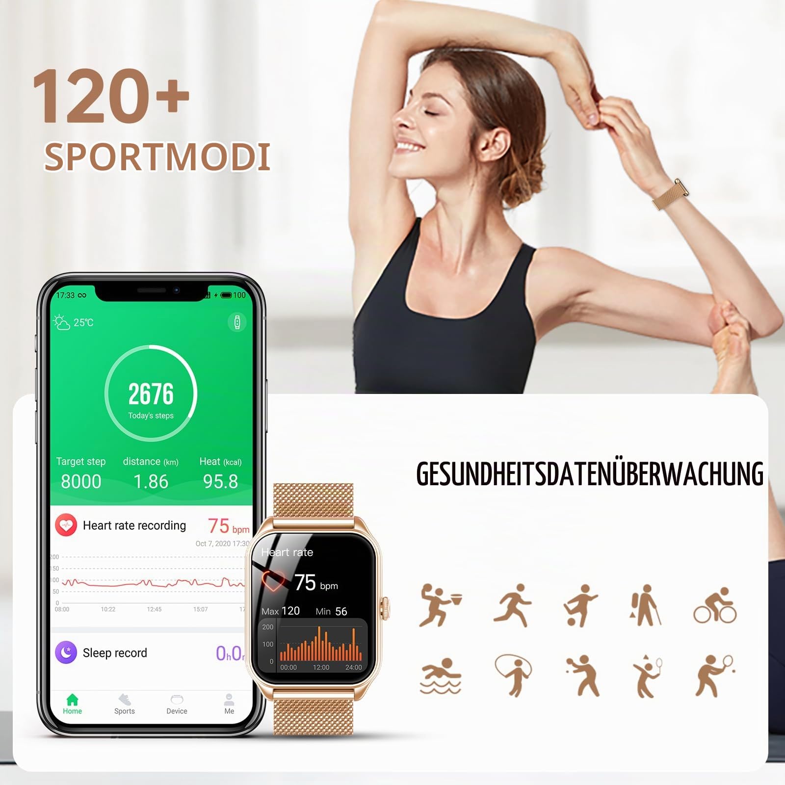 Smartwatch Damen mit Telefonfunktion, 1,83" Zoll Touchscreen Fitness Tracker, 120+ Sportmodi, IP68 Wasserdicht Smart Watch mit Herzfrequenz, Schlafmonitor, Schrittzähler für iOS Android (Roségold)