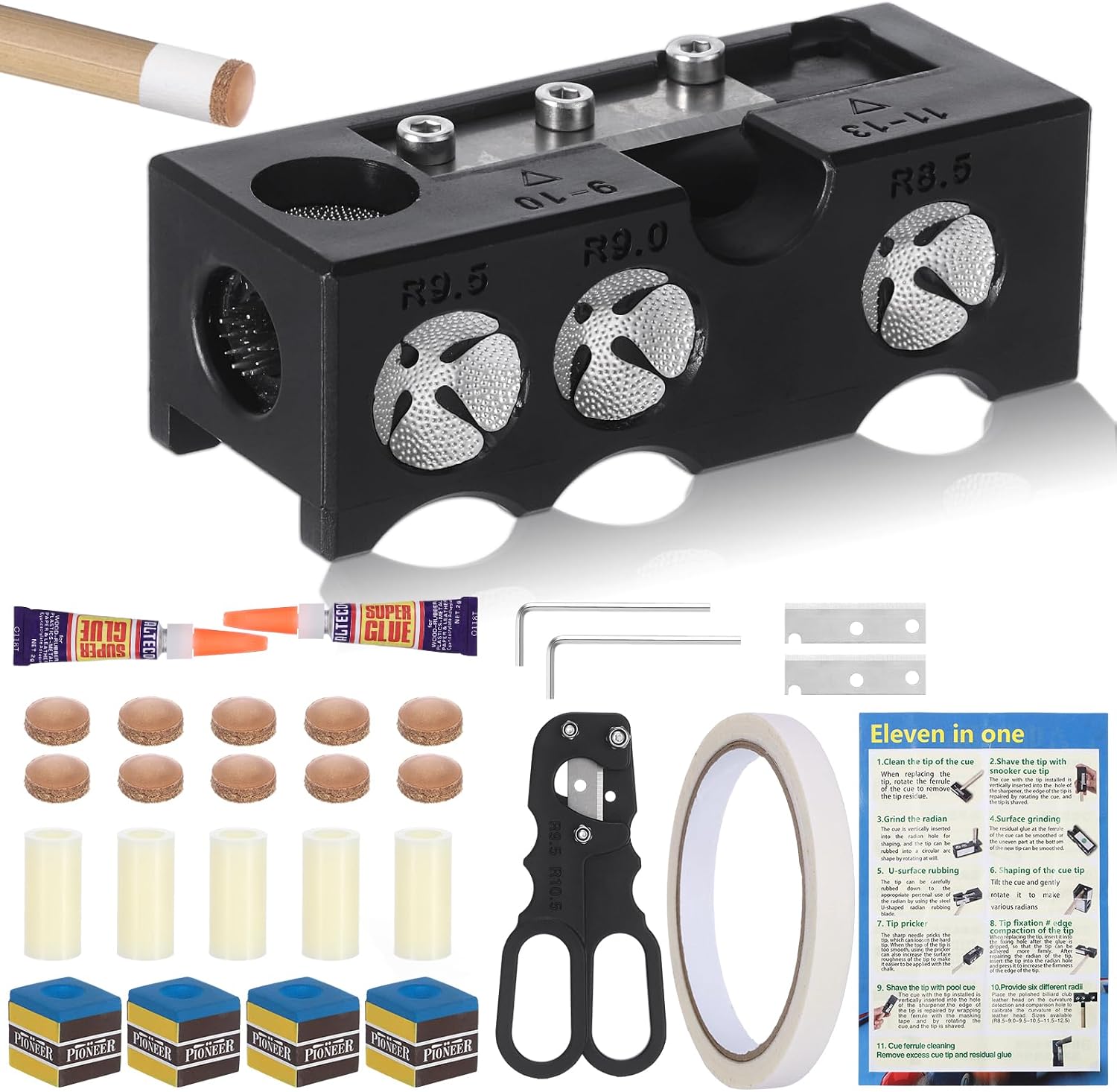11-in-1 Billiards Pool Cue Tip Shaper, Aluminum Alloy Pool Stick Tips Replacement Kit, Pool Cue Repair Kit for Billiards Enthusiastsm, Pool Cue Shaper Accessories for Replacement and Shaping Cue Tips