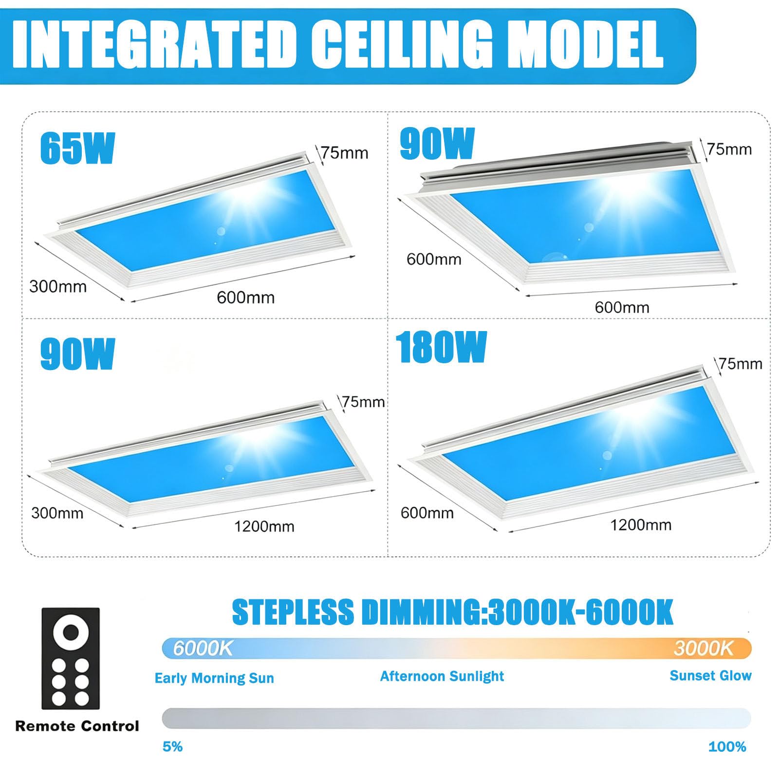 Pannello luminoso a effetto luce finta con telecomando,plafoniera LED intelligente effetto cielo blu che simula la luce naturale,dimmerabile in continuo,per ambienti senza finestre Embedded-32*122cm