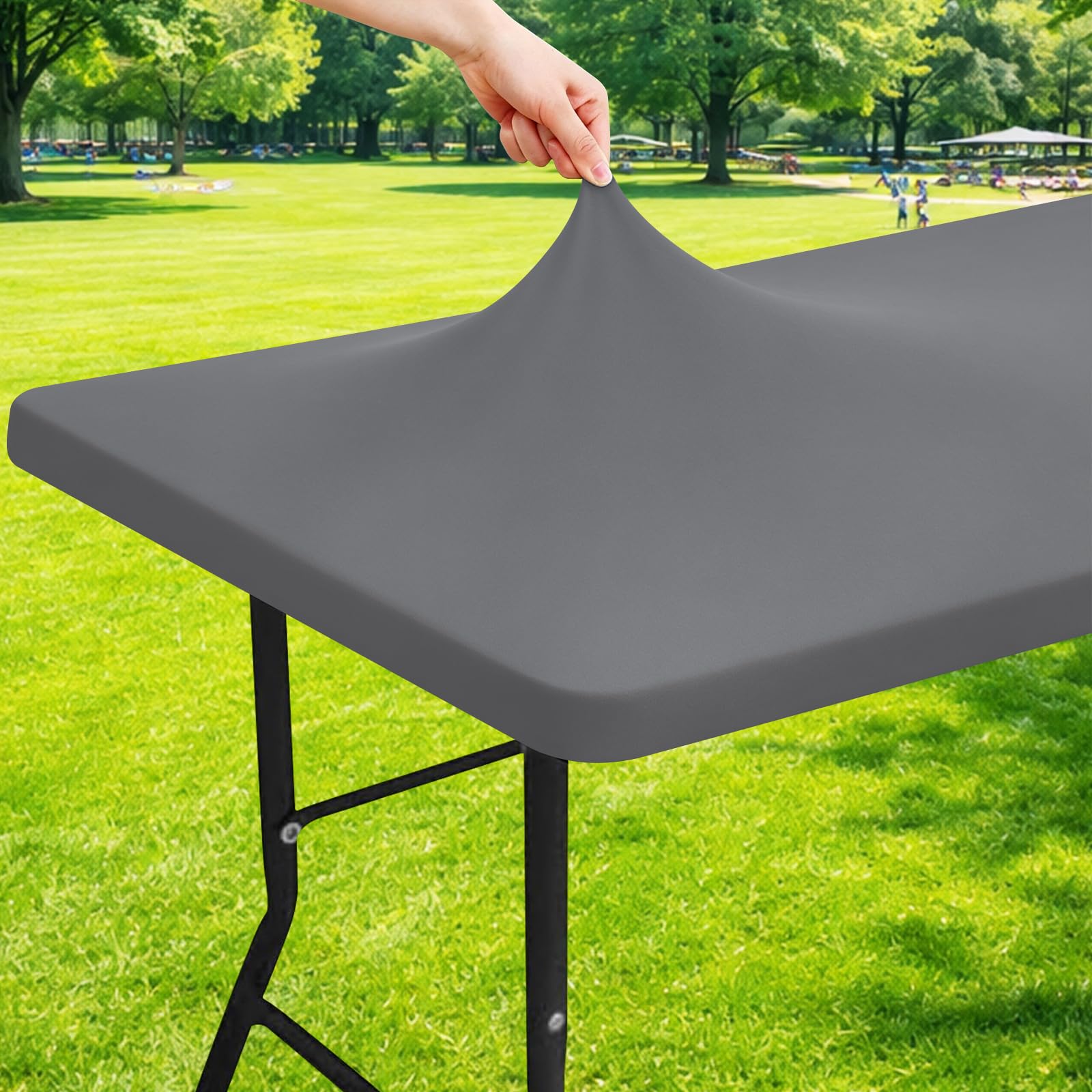 Photo 1 of Moosfor Spandex 6 Foot Rectangle Table Cloth, Elastic Fitted Tablecloths for Picnic, Stretch Washable Patio Table Cover for Outdoor, Camping, Banquet and Parties (Grey, 30"x72")