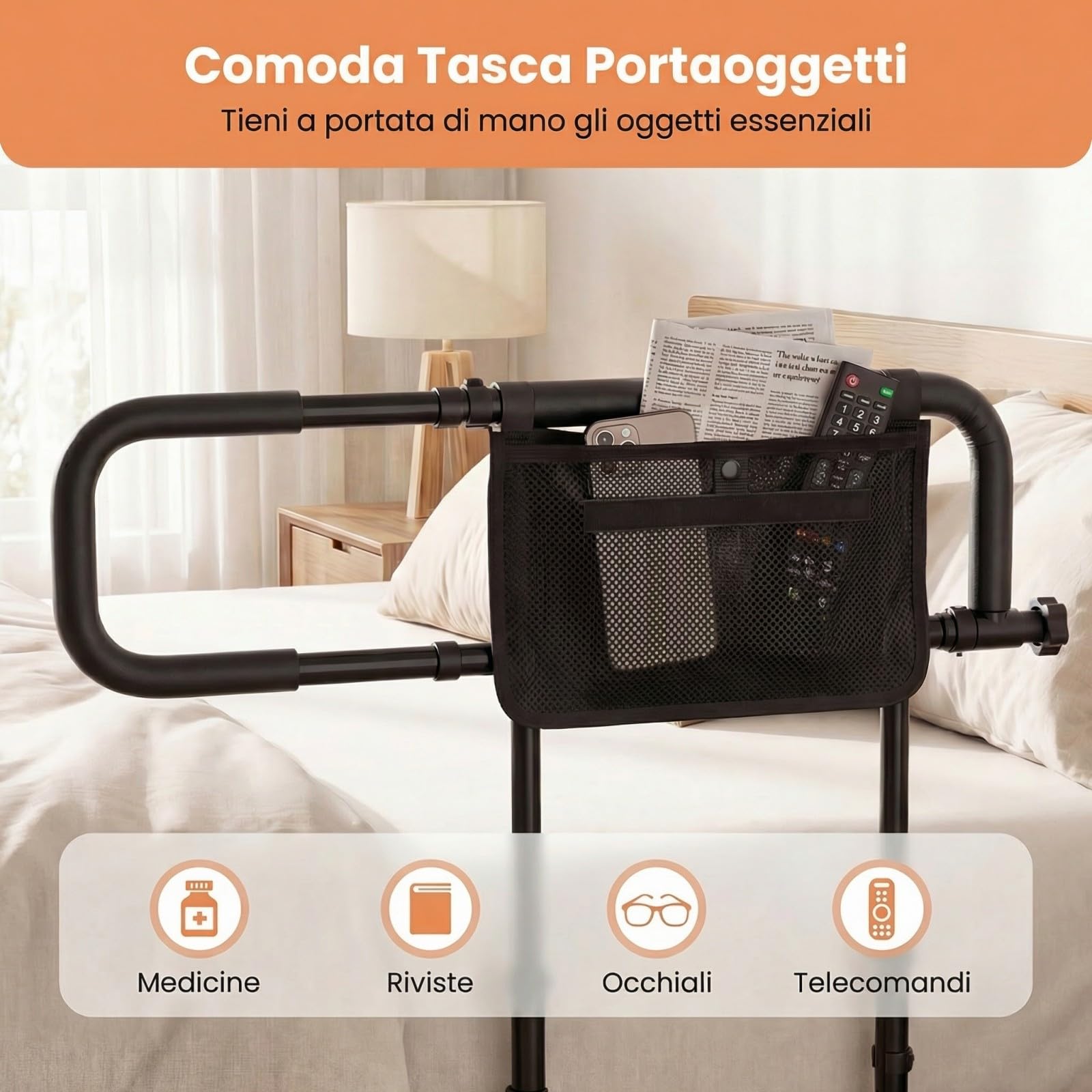 COSTWAY Sponda Letto Anziani Regolabile e Pieghevole, Altezza/Larghezza Aggiustabile, Tasca Rimovibile, Maniglie Imbottite e Base a U, Adatto a Letti King/Queen, Supporto fino a 136 kg (Nero)