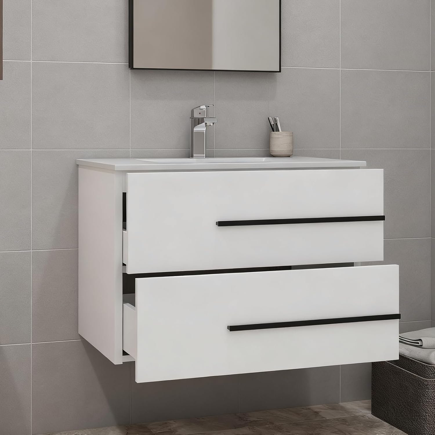 30 inch Floating Bathroom Vanity with Sink, Space Saving Fluted Design for Small Bathrooms, Soft Closing Drawers & Black Handles White