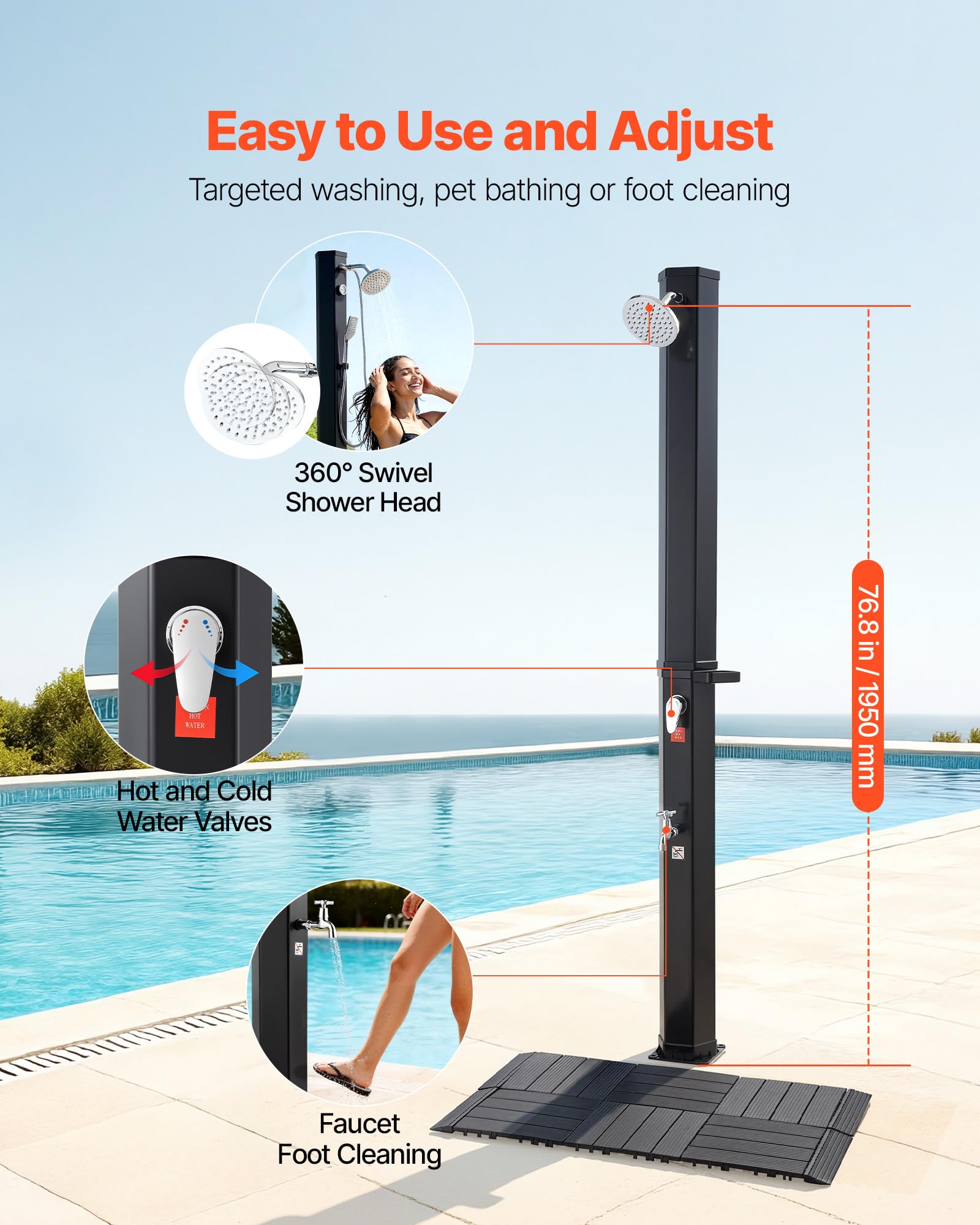 VEVOR Ducha Solar 35 litros 195 cm, Ducha Solar Exterior con Suelo y Grifo de Pedal, Cabezal Giratorio 360° Ajuste de Agua Fría y Caliente hasta 60 °C, PVC Reforzado, para Piscina Jardín Playa, Negro