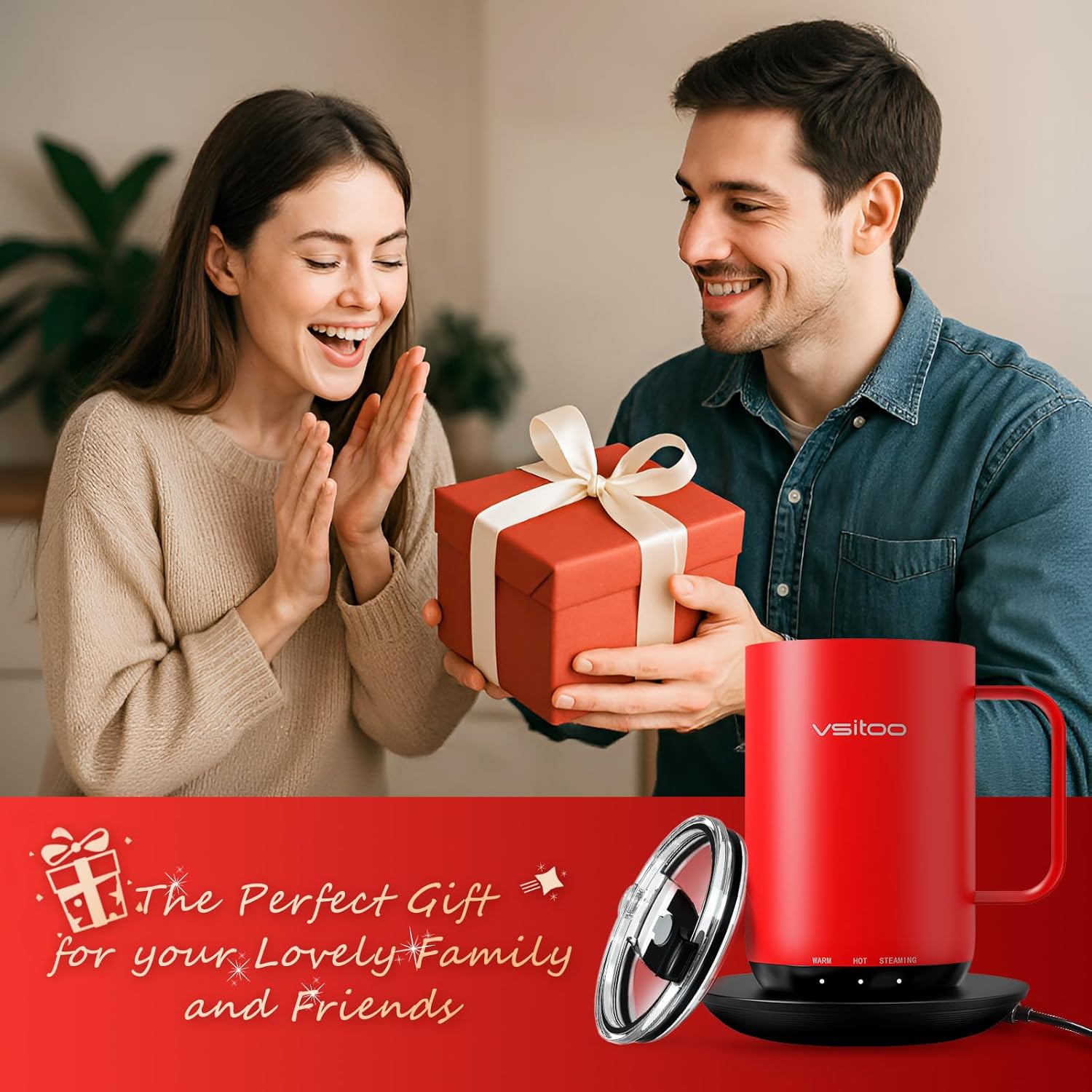 Vsitoo S3 Ultra 20oz Smart Self Heating Coffee Mug,Heated Coffee Mug with Auto-Sensing AI Heats Drinks to 120-150°F Hands-Free.Perfect for Home/Office,Ideal Gift fo Men/Women, Red