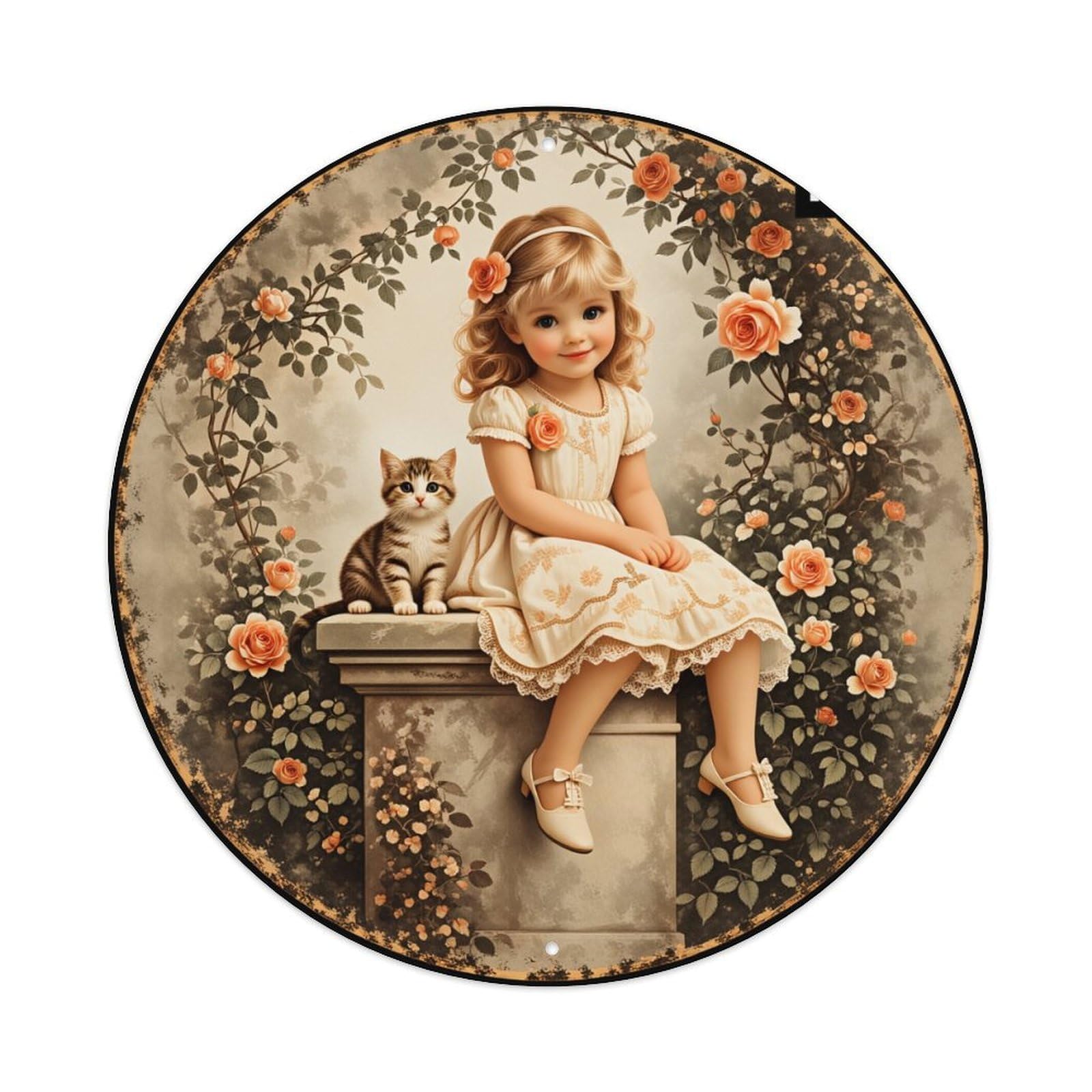 Girl Cat Roses Vintage Round Tin Sign Vintage Style Metal Sign Home Bar Garden Wall Plaque Decor Metal Poster 8x8 Inch