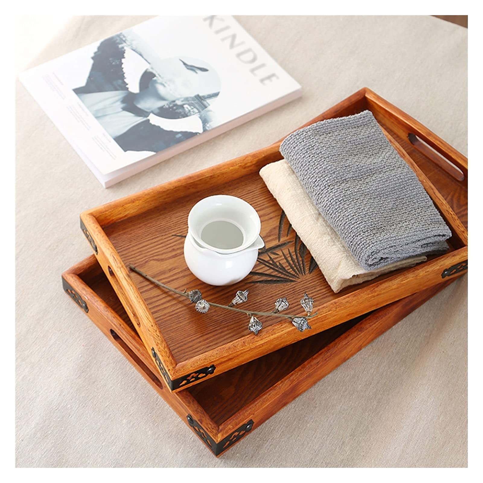 Bandeja Bandeja de servir y plato, placa de senderos tallados de madera rectangular con bandeja de bocadillos de mango, bandeja de desayuno, decoración con estilo de granja con estilo. Bandejas para S