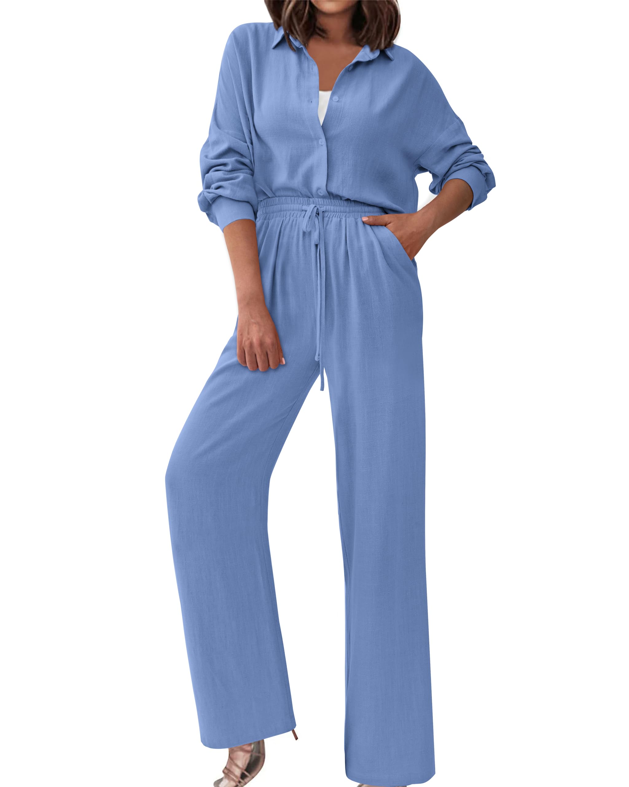 dowermeLadies Fall Fashion 2023 V NecK Long Sleeve Tops Elastic Waist Pant Sets Chic Streetwear Casual Long Romper(Solid Blue,X-Large)
