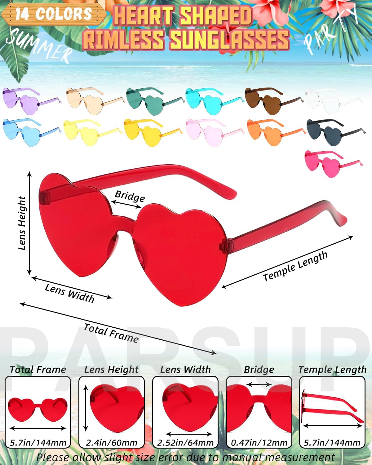 PARSUP 14 Pairs Heart Shaped Rimless Frameless Sunglasses Transparent Candy Color Glasses Tinted Eyewear Bachelorette Party Favors Photo Booth Props,14 Colors - Image 2