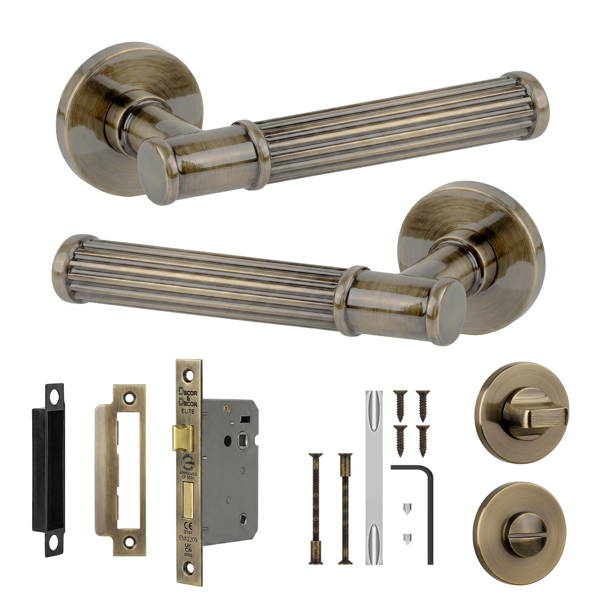 Decoranddecor Antique Brass Leto Bathroom Door Handles With Lock 64Mm