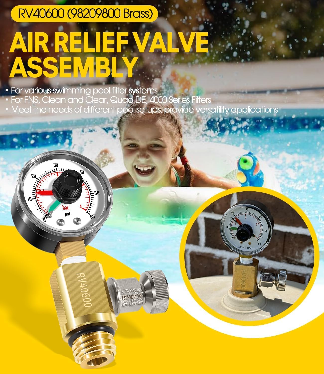 Hochleistungs-Handentlastungsventil mit Druckmesser Ersatz für 98209800 RV40600 – Kompatibel mit Clean & Clear, FNS Plus, Predator Schwimmfilter – Inkl. Dichtung, Clip & Teflonband