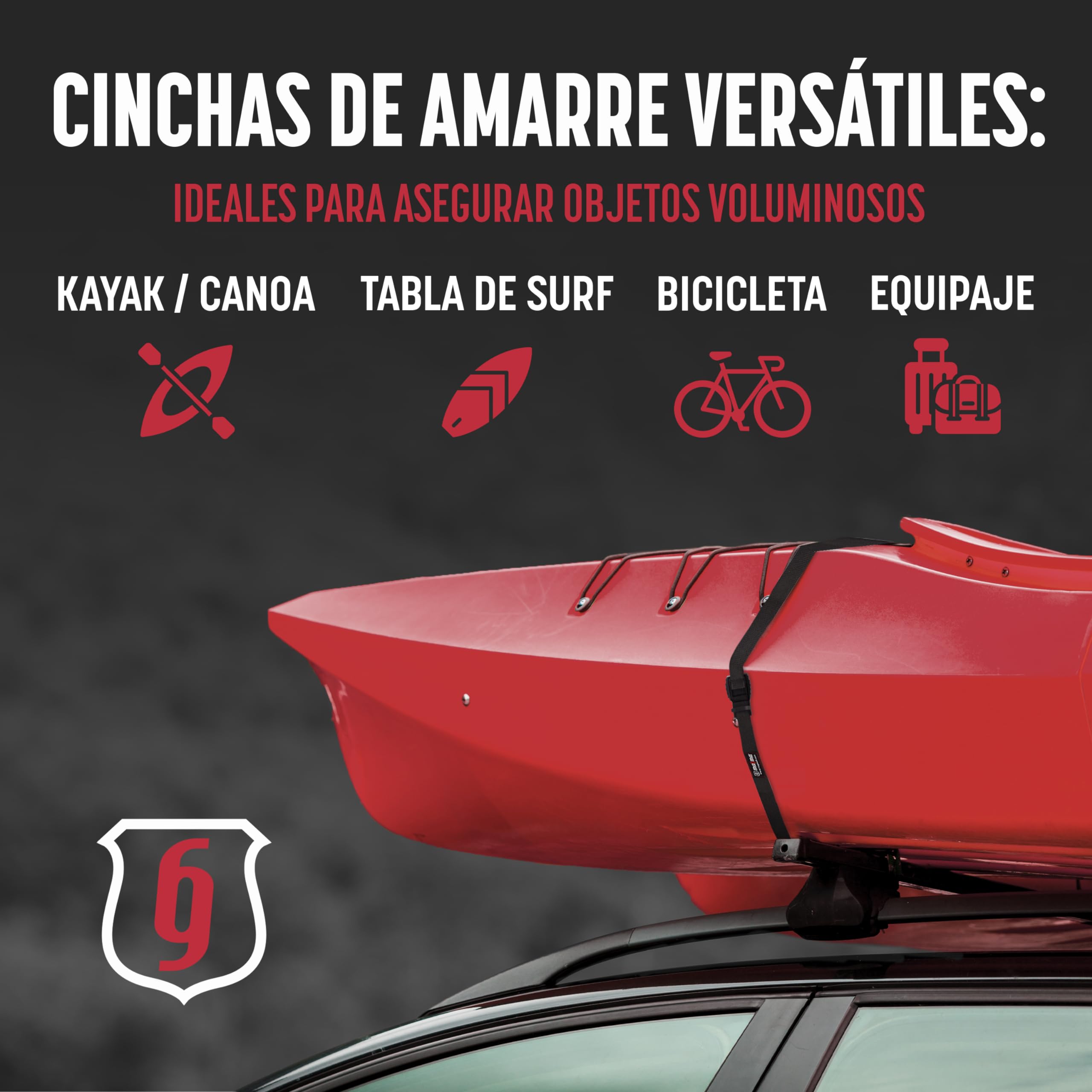MAGMA Pack 2 Cinchas de Amarre de 3m | Correas para Baca Coche y Portabicicletas. Surf, Bici, Kayak, Moto | Hebilla -Trinquete con Protección de Goma para no rayar | Carga Segura - SWL: 250kgf Negro — view 6