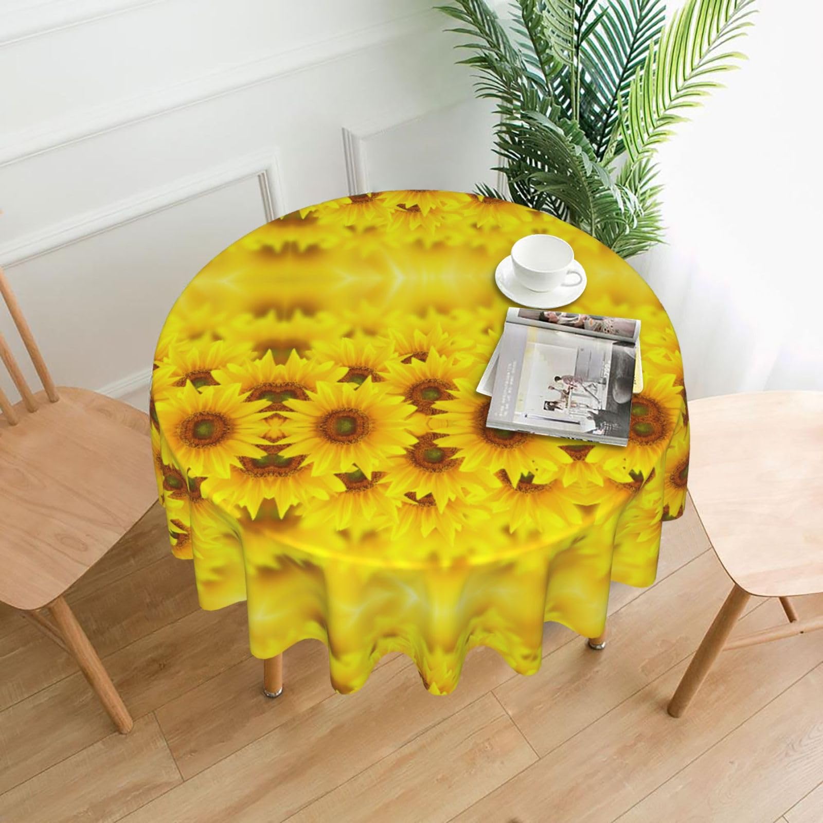 SDEGTHO Yellow Sunflower Print Modern Retro Round Tablecloth 60in Polyester Fabric Cover for Party Dining Table Washable