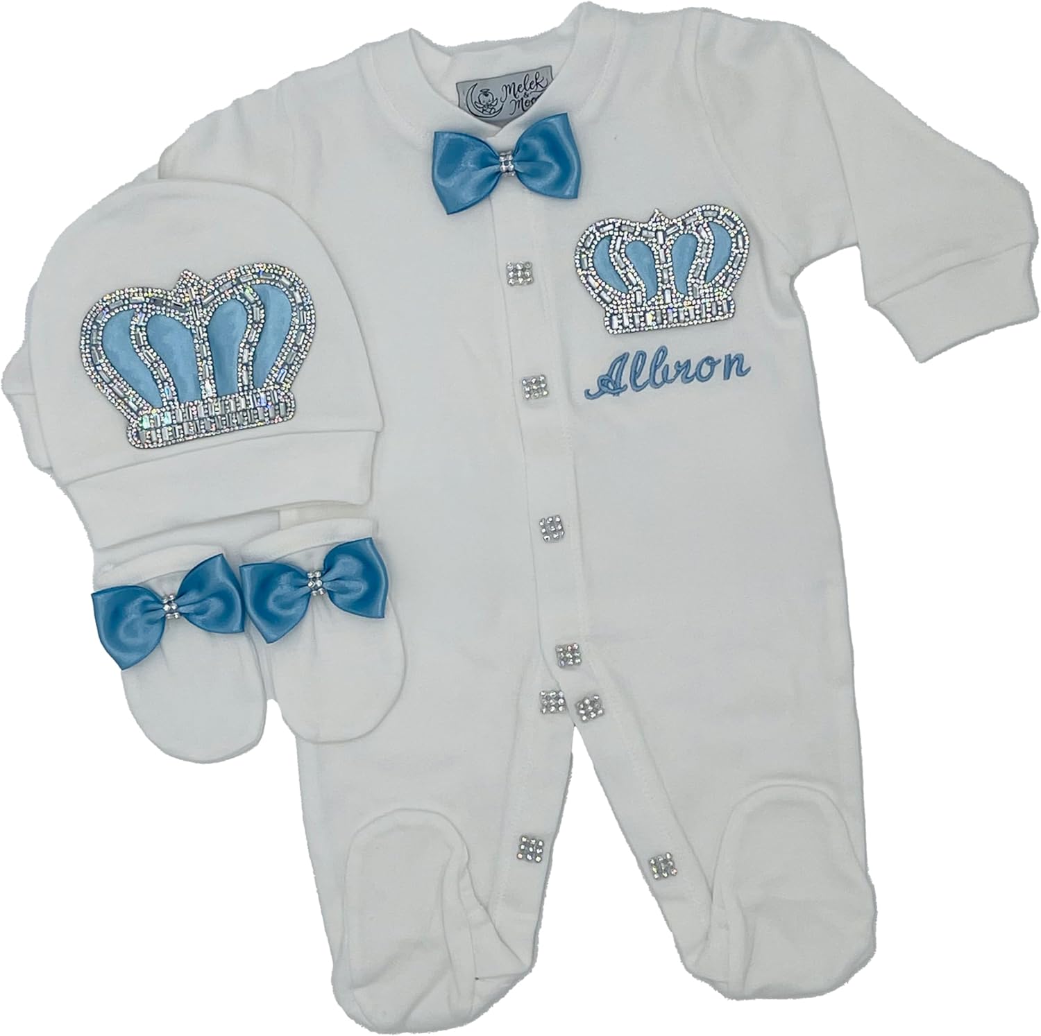 MELEK & MOON Personalized Luxury Infant Newborn Baby Boy Outfit – 3-Piece Cotton Set – Dynasty Debut Set