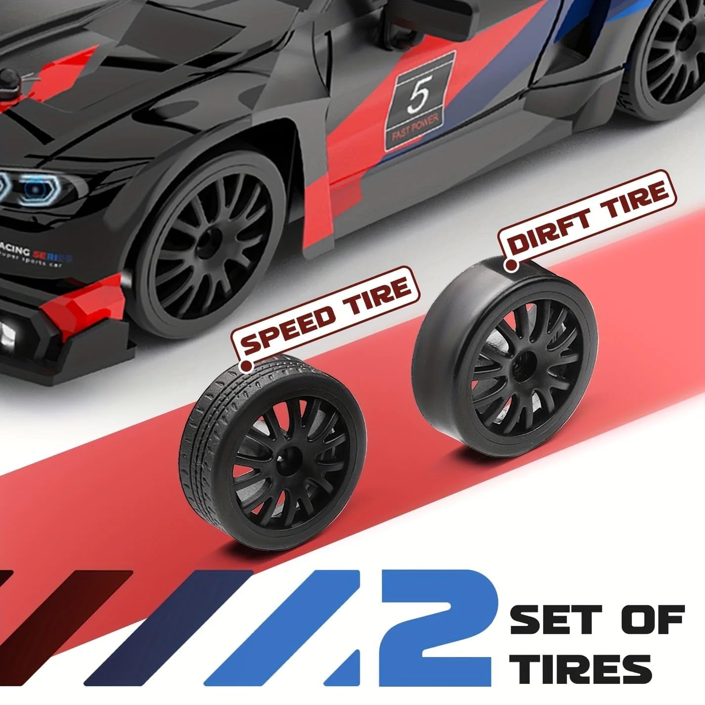 DWH BMV High Speed RC Drift Car 1:24 Scale | 2.4GHz Remote Control | USB Rechargeable | LED Lights | Extra Drift Tires | Racing Toy Car for Kids & Adults (Black) — Amazon image 4