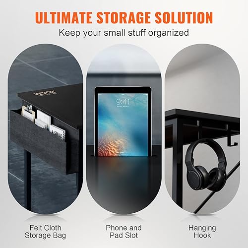 Miniatura 9 de VEVOR Escritorio de computadora en forma de L de 47 pulgadas, escritorio de esquina con estantes de almacenamiento, ranura para teléfono y gancho