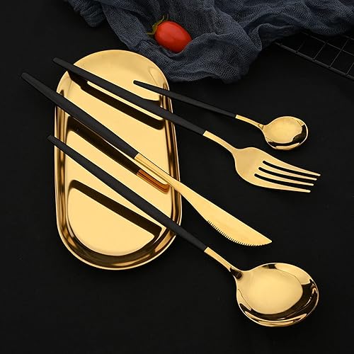 Miniatura 6 de JASHII Juego de 24 piezas de cubiertos negros y dorados, juego de utensilios de alimentación reales pulidos con espejo, servicio para 6 personas,