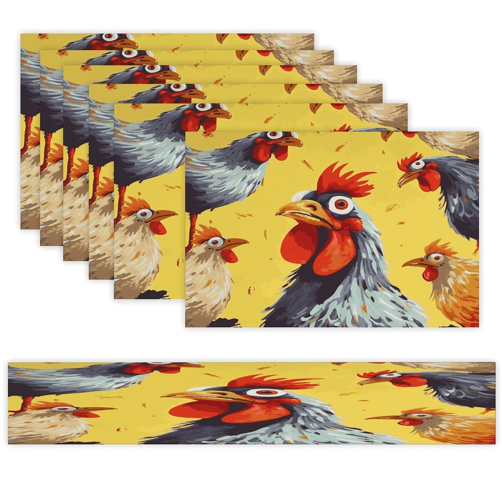 Art Chicken Painting Table Runner and Placemats Set of 6 Wipe Clean Heat Resistant Table Mat with Table Runner Decorations Flax Linen Place Mat Set for Home Kitchen Party Supplies