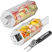 QIAN POWER 2PCS Hexagon Grill Baskets 304 Stainless Steel Removable Wooden Handle BBQ Camping Grilling Tool