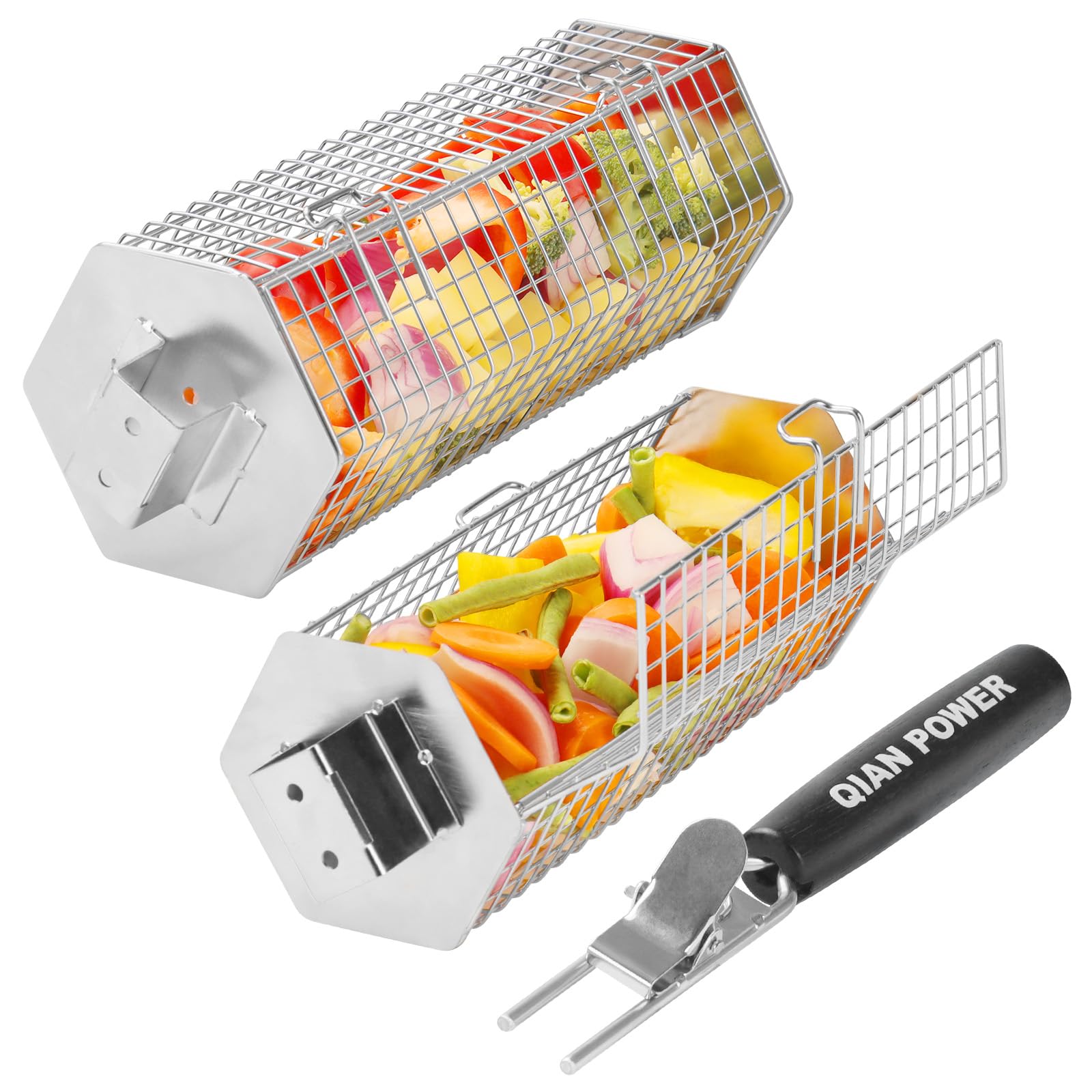 Grill Baskets 2PCS Stainless Steel with Removable Wooden Handle Hexagon Design for BBQ Camping & Outdoor Cooking Accessories, Great Gift for Grill Lovers