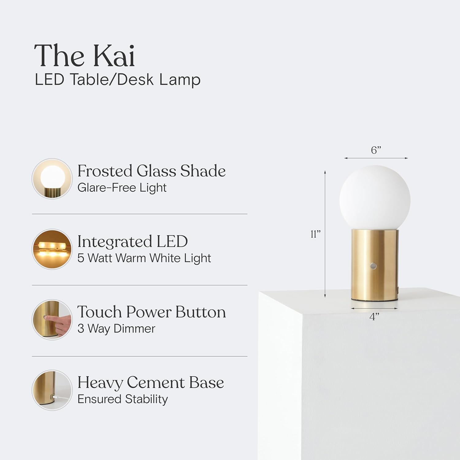 Brightech Kai LED Table Lamp with USB Port - Small Bedside Reading Modern Desk Lamp, Nightstand Light with Ambient Lighting for Bedroom, Living Room, Office - Modern Globe Lamp Shade, Brass Finish