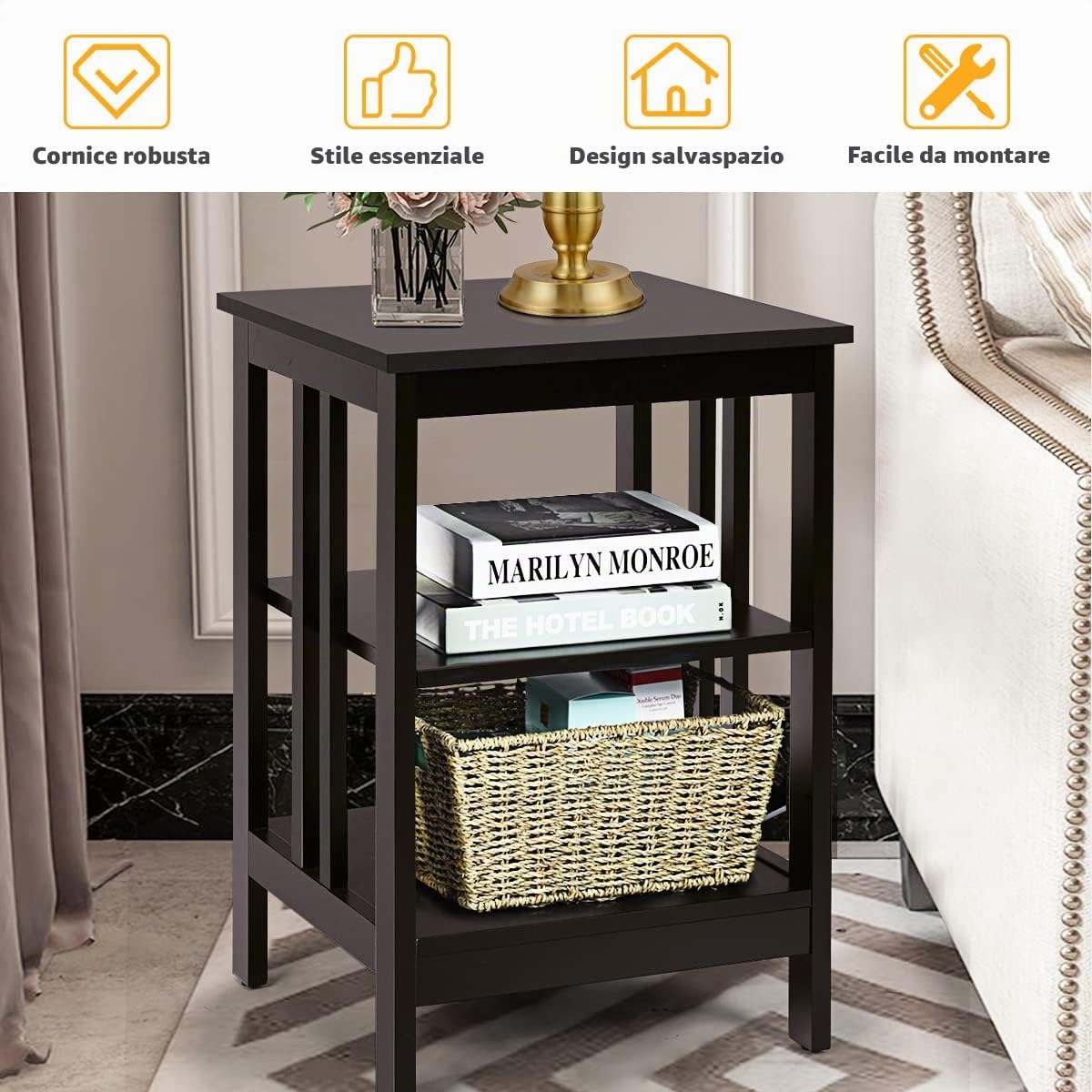 LIFEZEAL Comodino a 3 Ripiani, Comodino in Legno, Tavolino Basso, per Soggiorno, Camera da Letto, Salotto, Montaggio Semplice, Peso Max 20 kg, 40x40x61 cm, Caffè