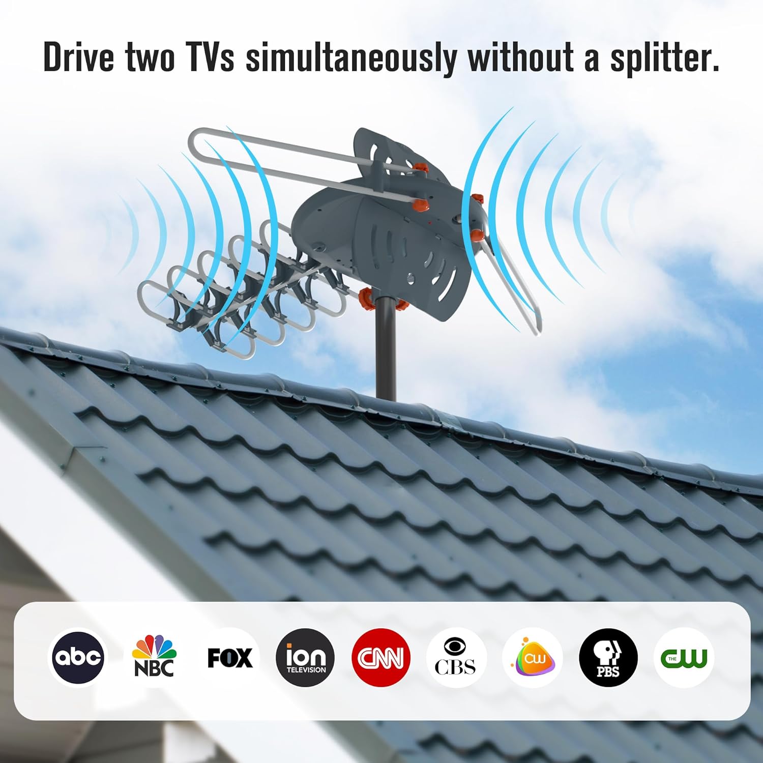 TV Antenna Outdoor, 360° Motorized Outdoor Antenna, 150 Miles Long Range Reception, Digital VHF UHF Antenna with Amplifier Signal Booster & Remote Control, for 4K 1080p All HDTVs, Easy Setup