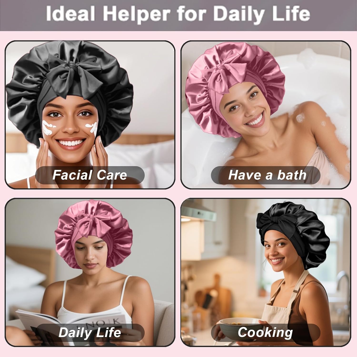 2Pcs Silk Hair Satin Bonnet for Sleeping Women,Large Satin Sleep Bonnets for Women with Elastic Tie Band Silk Hair Wrap with Ajustable Straps,Night Sleep Cap for Curly Braids,Black+Rose Gold - Image 6