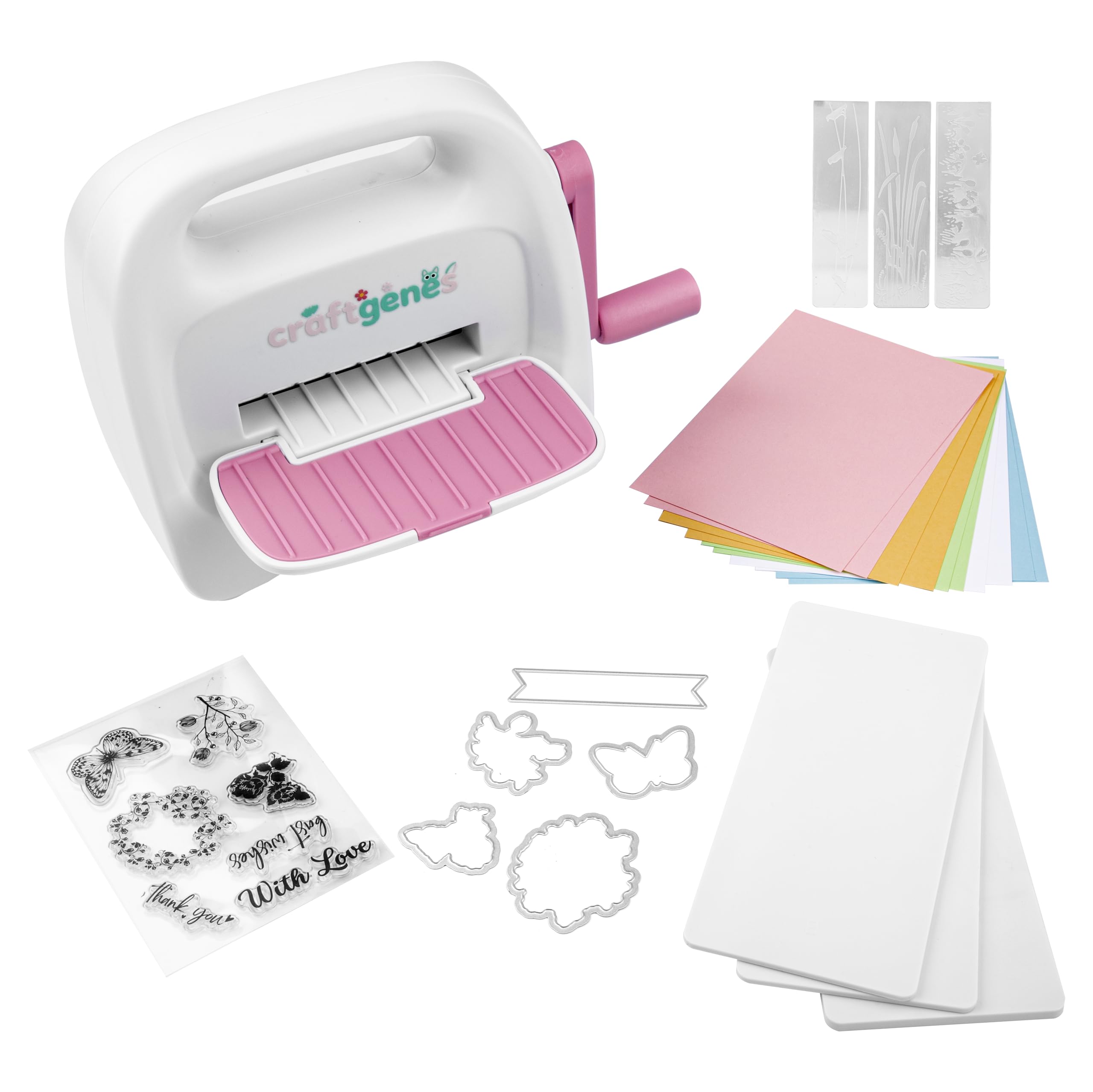 CraftGenes Mini machine de découpe et de gaufrage avec kit de démarrage, fente d'alimentation de 8,5 cm pour papier de 7,6 cm, comprend 24 accessoires pour loisirs créatifs, fabrication de cartes et