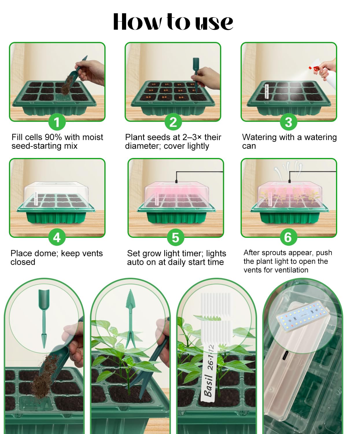 Bandeja de inicio de semillas con luz de crecimiento (2 x 24 LED), kit de inicio de semillas con cúpulas de humedad y controlador de temporización, brillo ajustable, bandeja de inicio de plántulas
