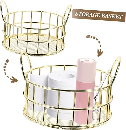 Miniatura 4 de STOBOK Caja de almacenamiento redonda de 2 piezas, cesta de almacenamiento de alambre de metal de escritorio con oreja de gato, bandeja de